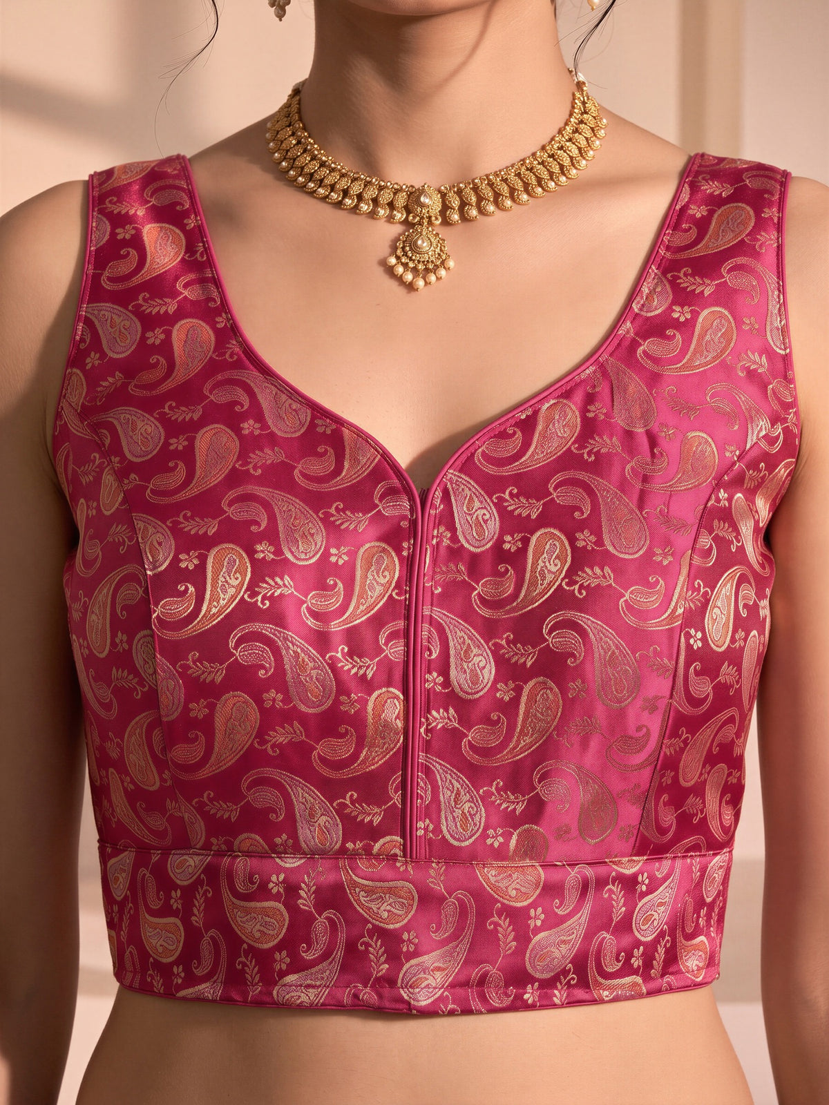 Pink woven brocade silk blend sleeveless readymade saree blouse with v neck view 3