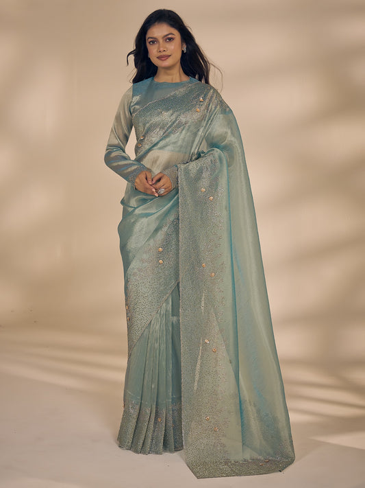 Light Blue applique organza saree with light blue blouse piece