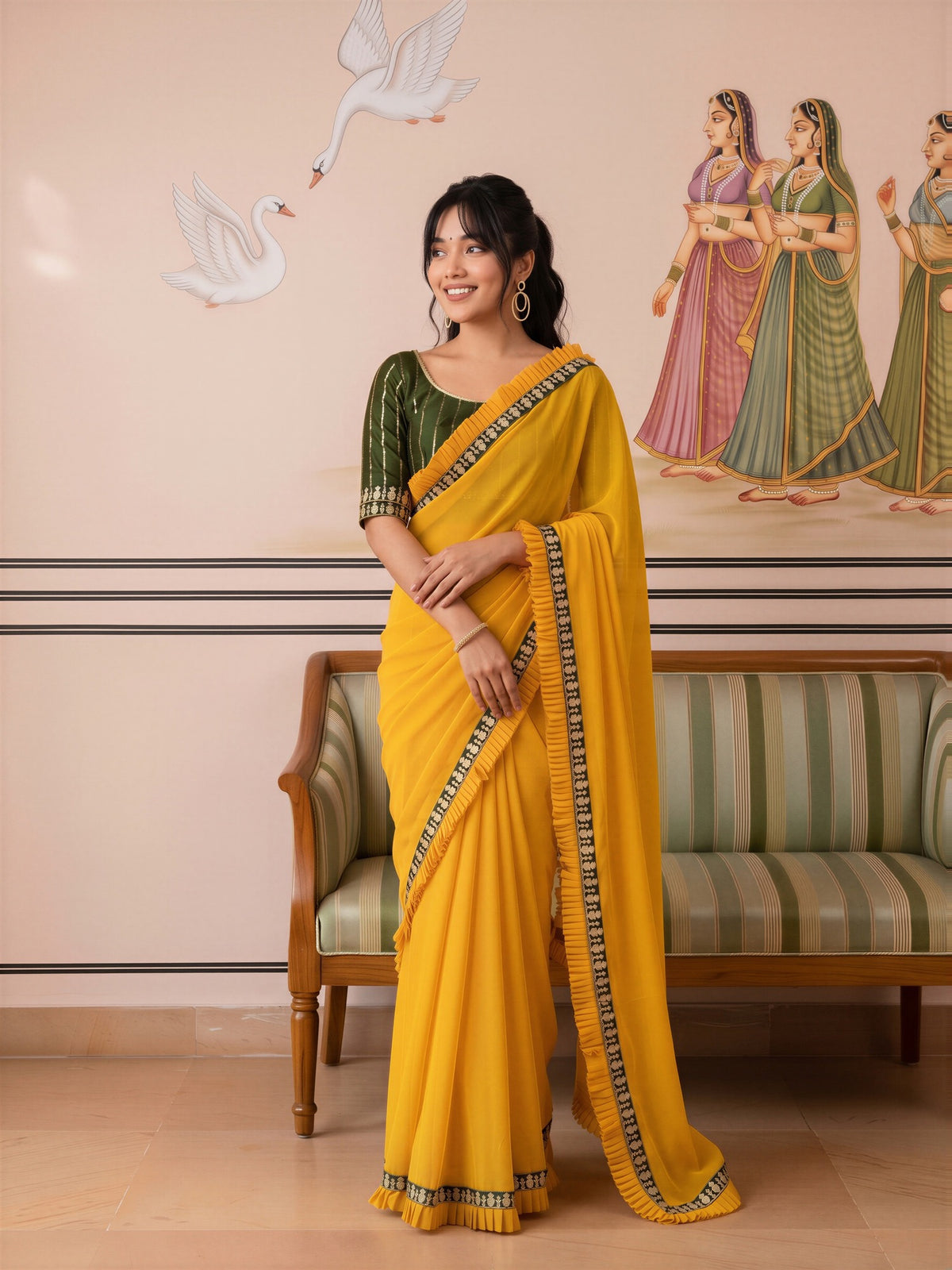 Yellow Georgette saree – detail view 3