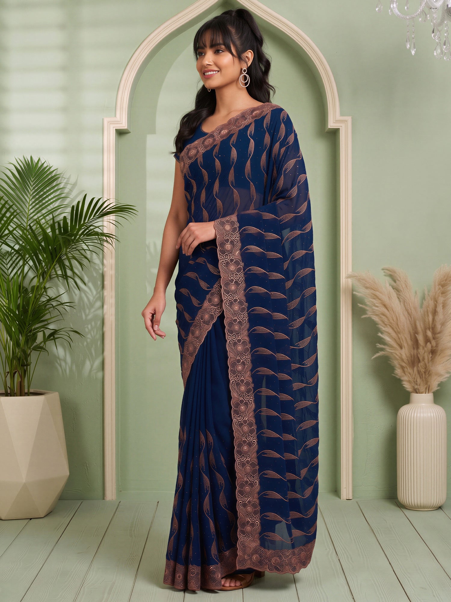 Teal Blue Pure Georgette saree – detail view 3