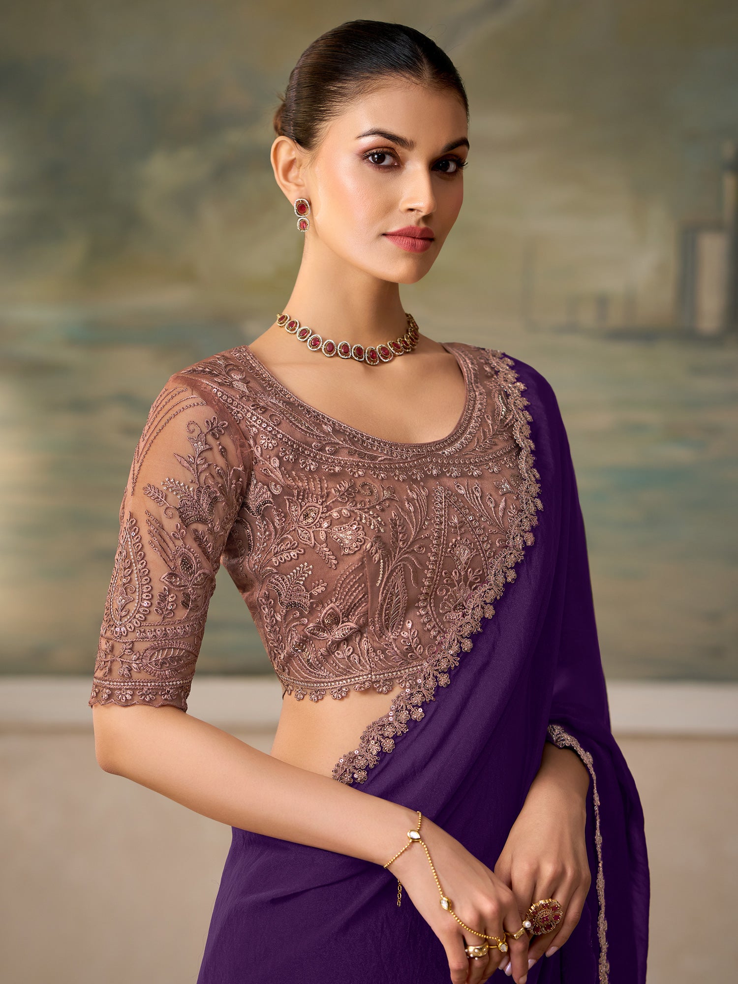 Purple Georgette saree – detail view 1