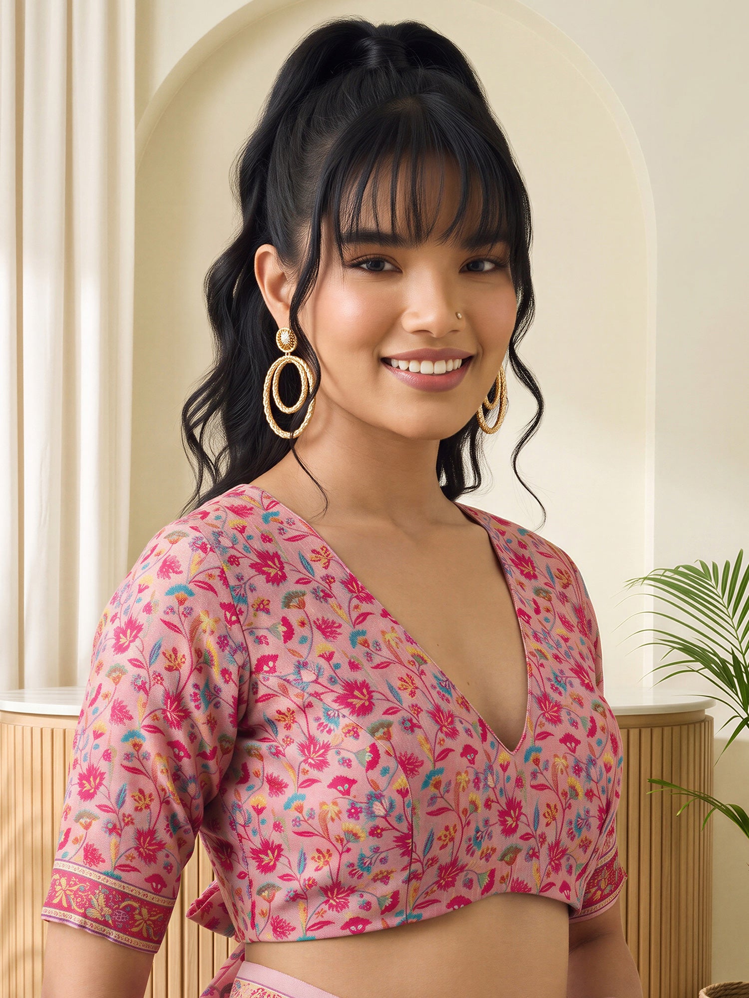Unstitched pink pashmina silk blouse piece with woven design design