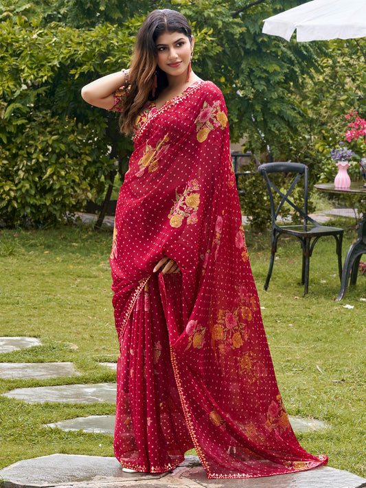 Red Chiffon saree – detail view 1
