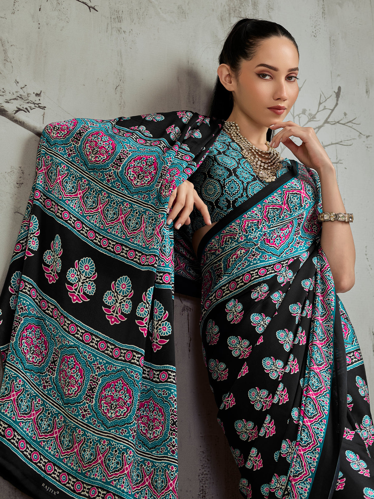 Black satin saree view 3
