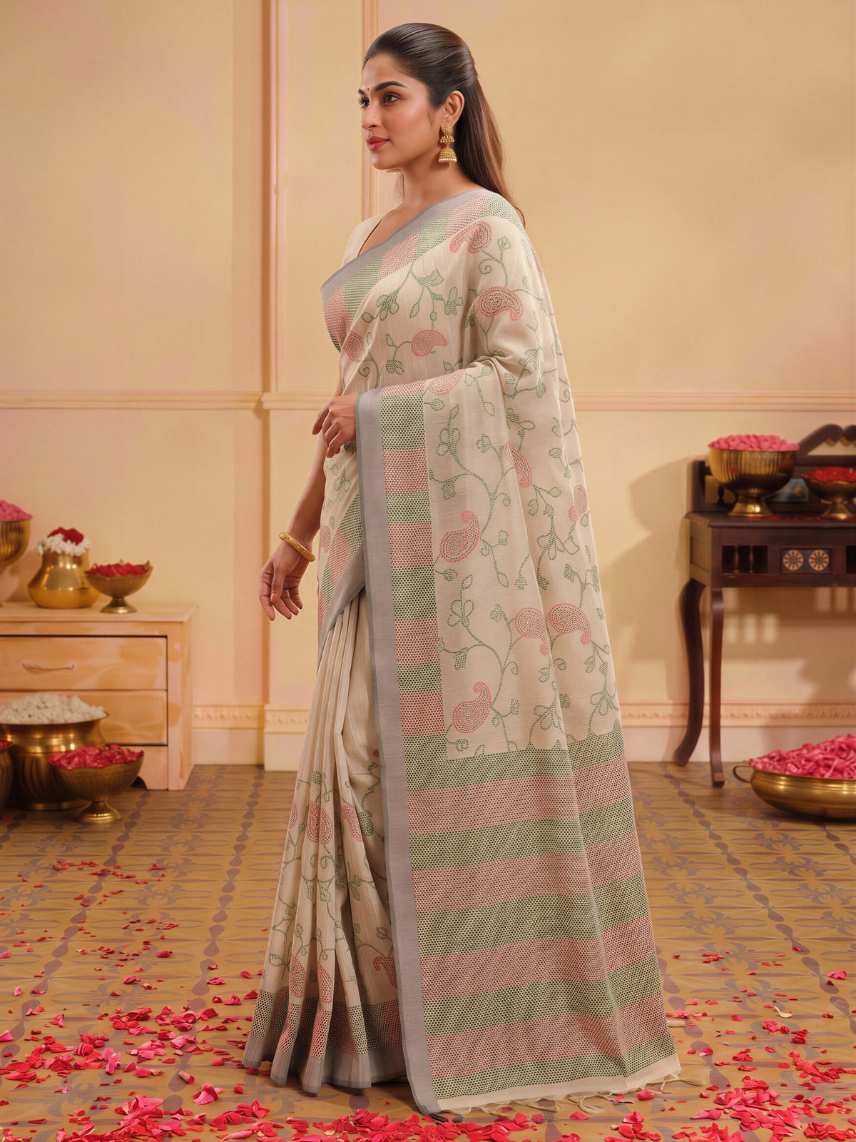Beige silk blend saree view 2