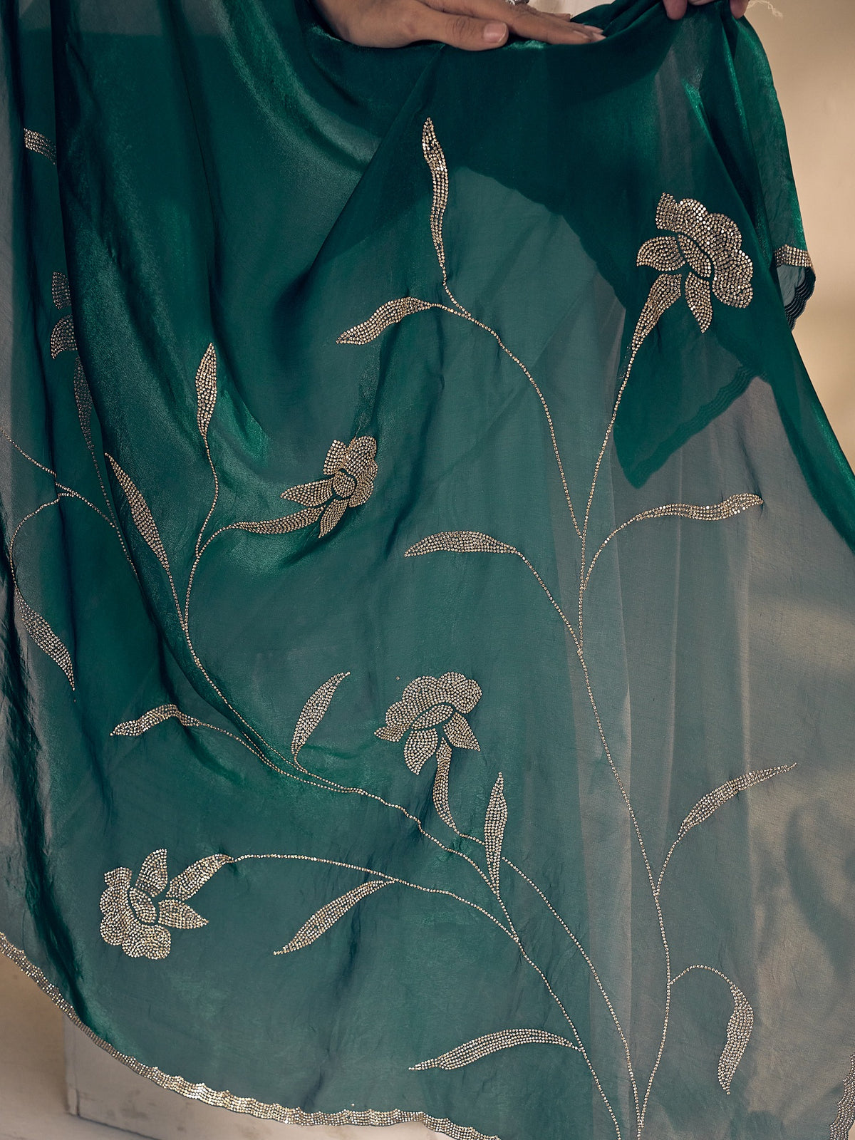 Teal Green satin silk saree view 5