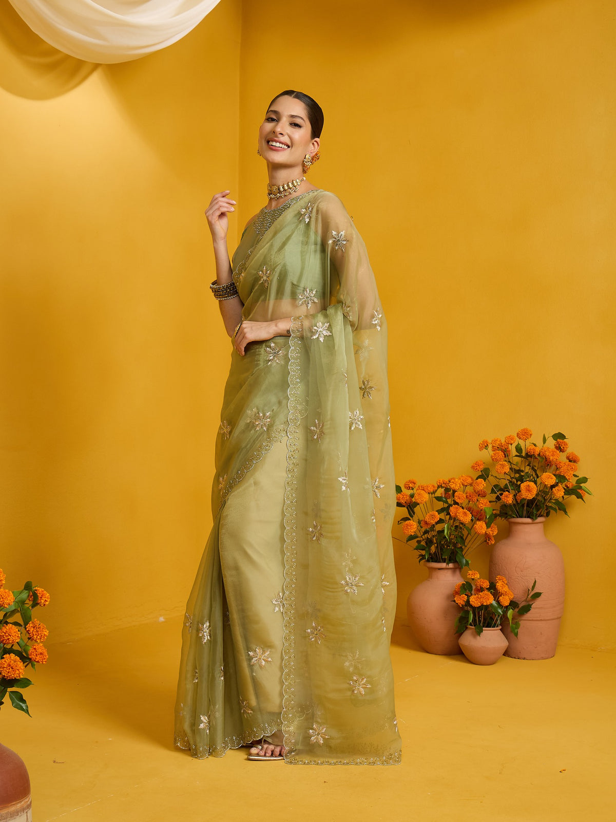 Mint Green Pure Georgette saree – detail view 2