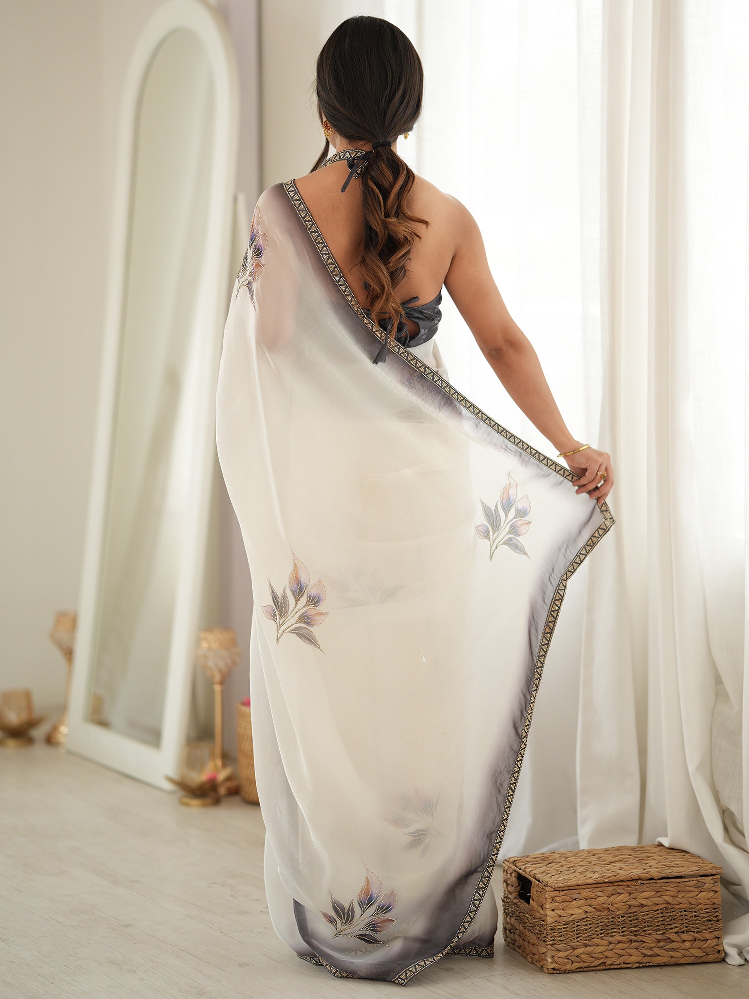 Off White Satin saree – detail view 1