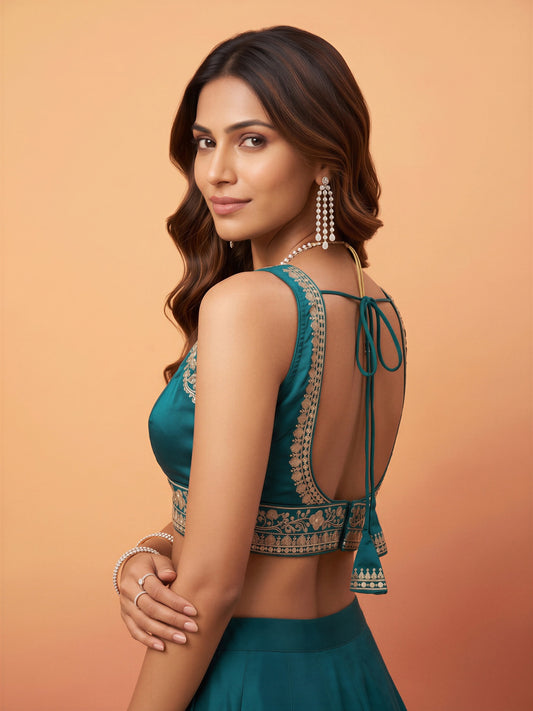 Teal Blue sequin embellished silk blend sleeveless readymade saree blouse with deep v neck view 1