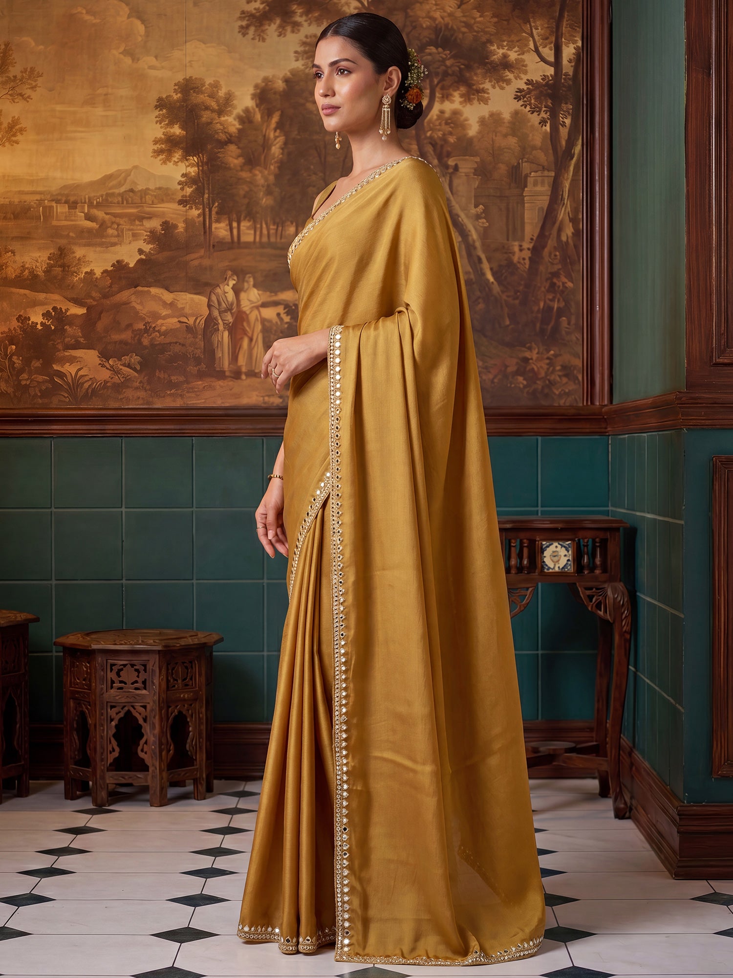 Mustard Satin saree – detail view 2