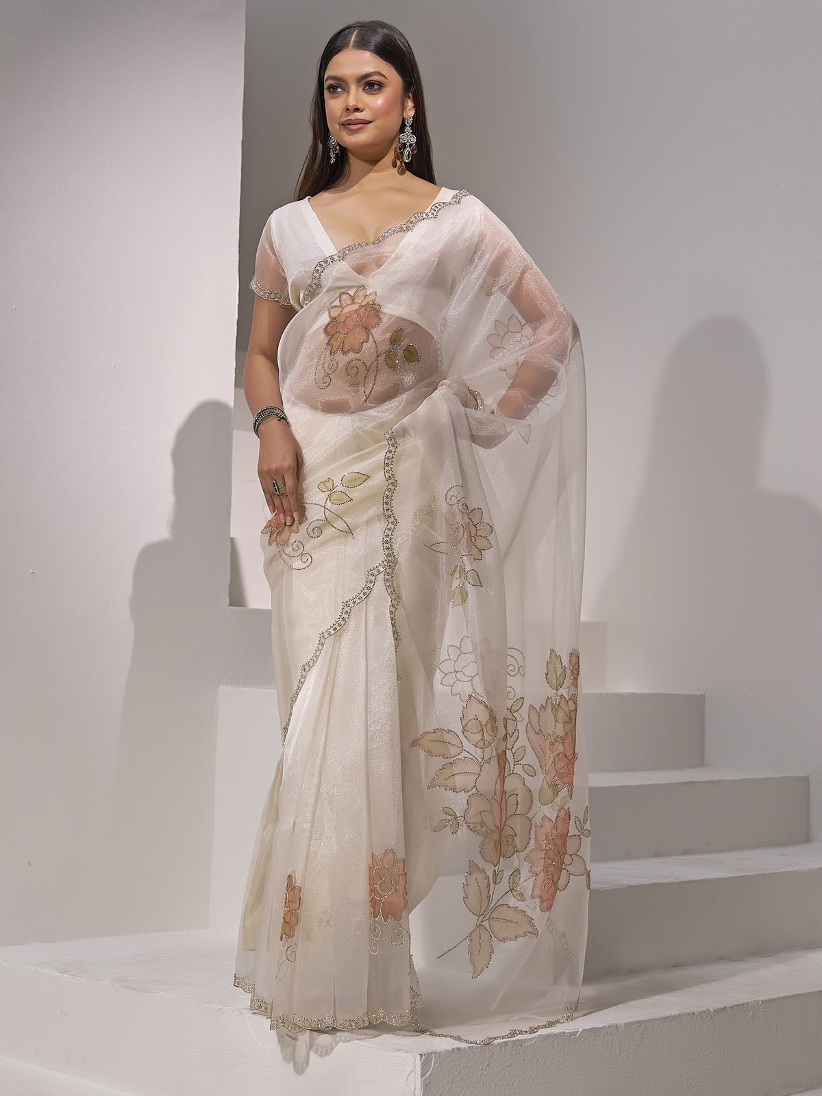 White embellished organza saree with white blouse piece