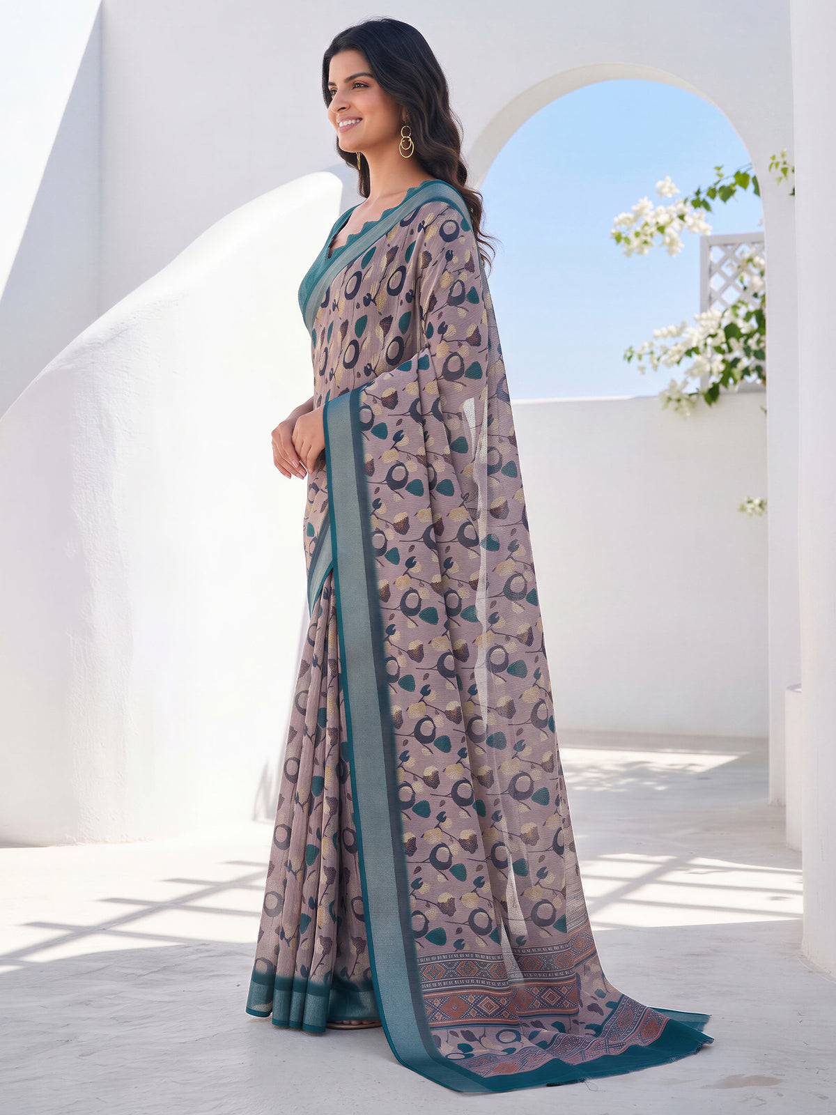 Taupe Cotton Linen saree – detail view 3