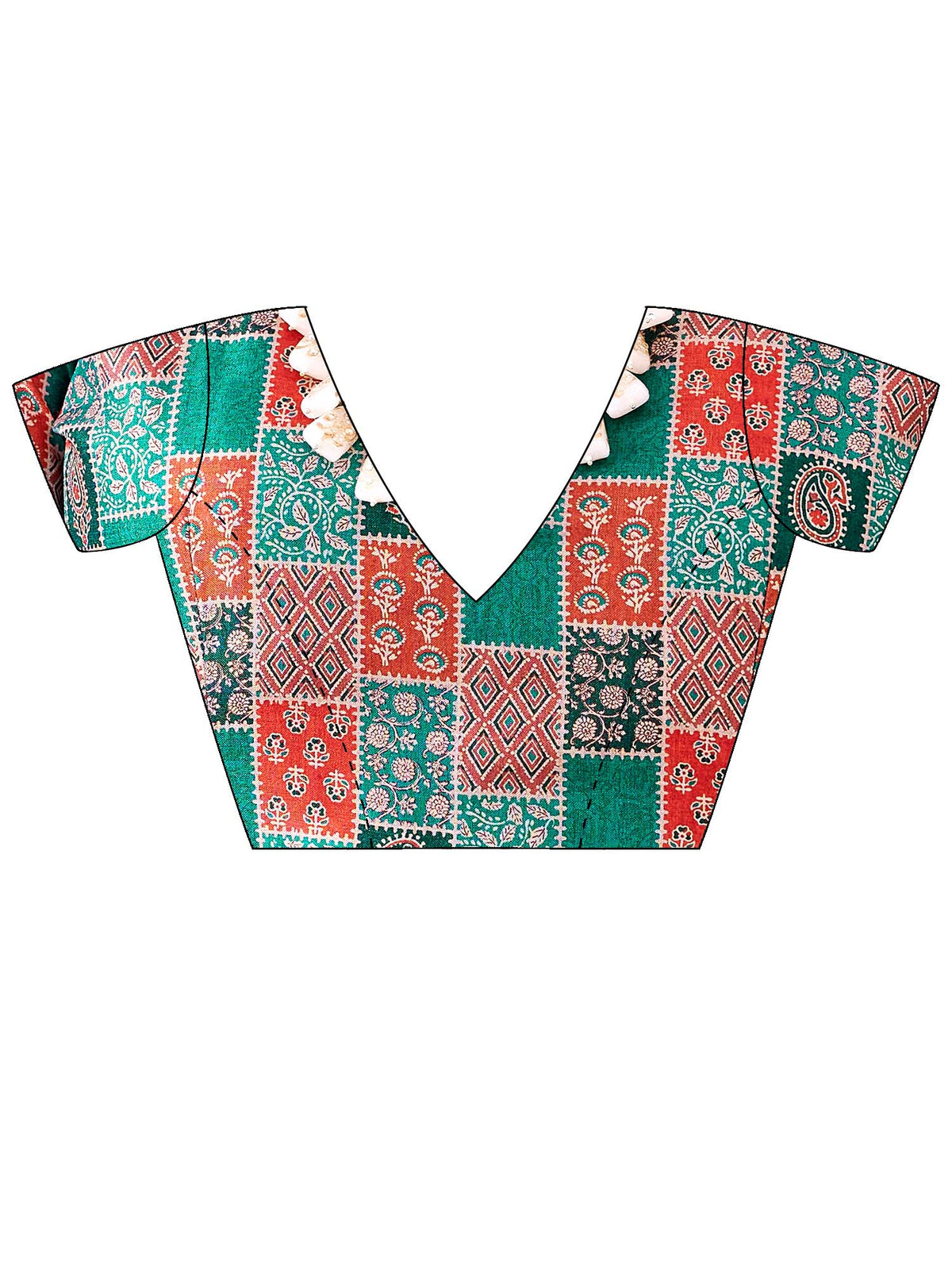 Unstitched teal green tussar silk blouse piece with geometric design
