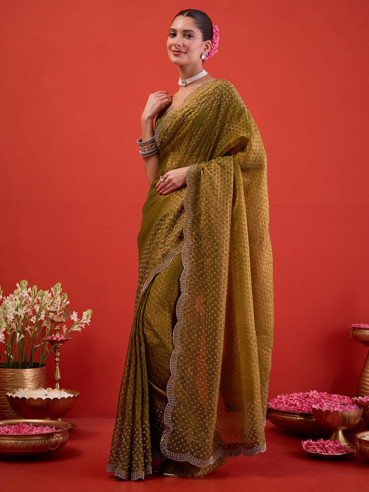 Olive Satin saree – detail view 1