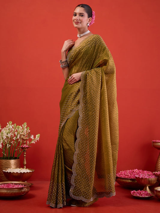 Olive Satin saree – detail view 1
