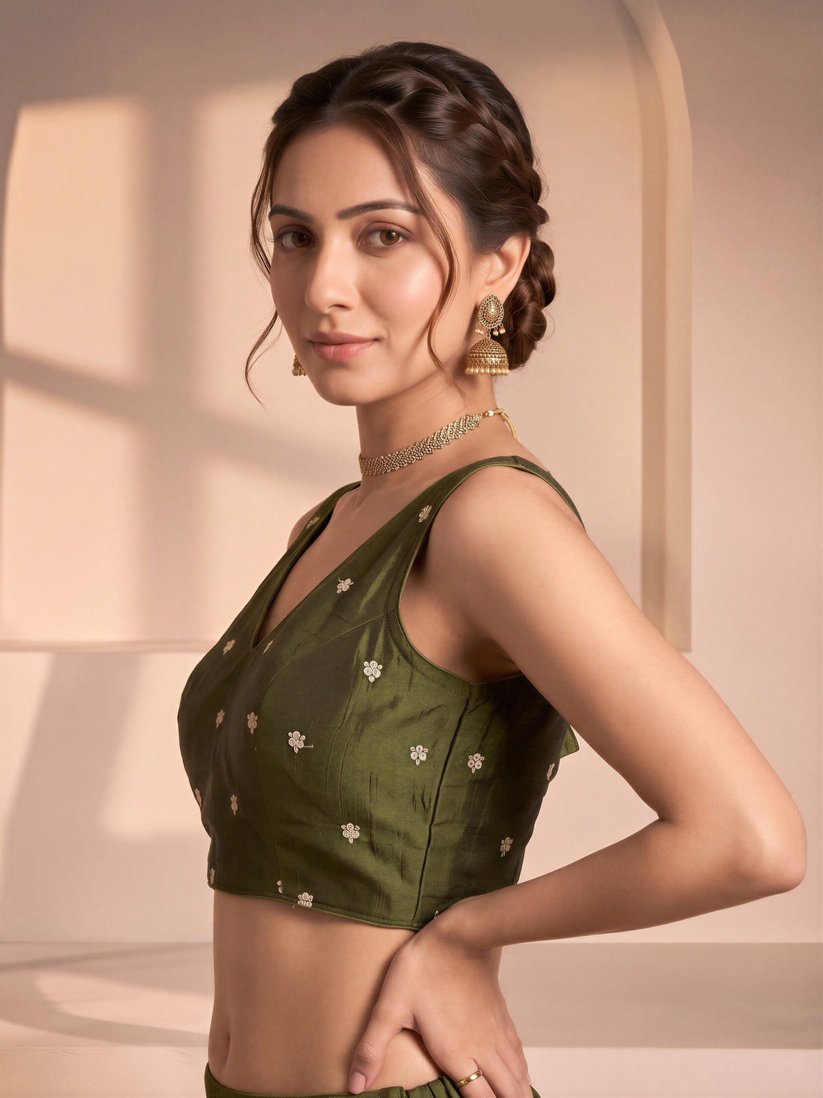 Olive sequin embellished vichitra silk sleeveless readymade saree blouse with v neck view 2