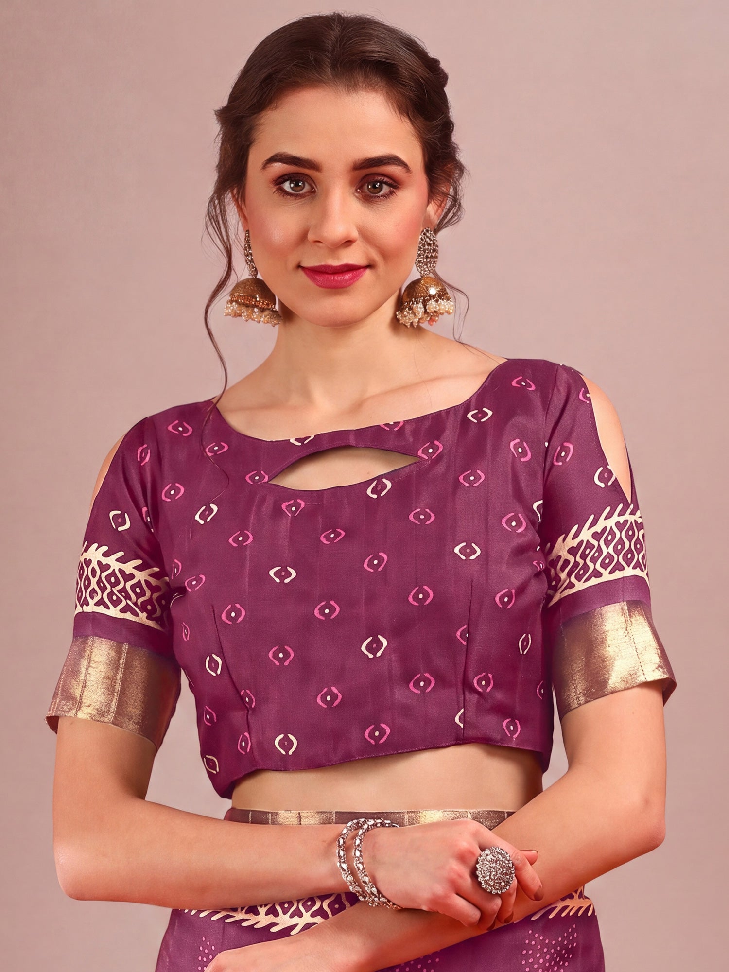 Unstitched purple cotton silk blouse piece with ethnic motif design