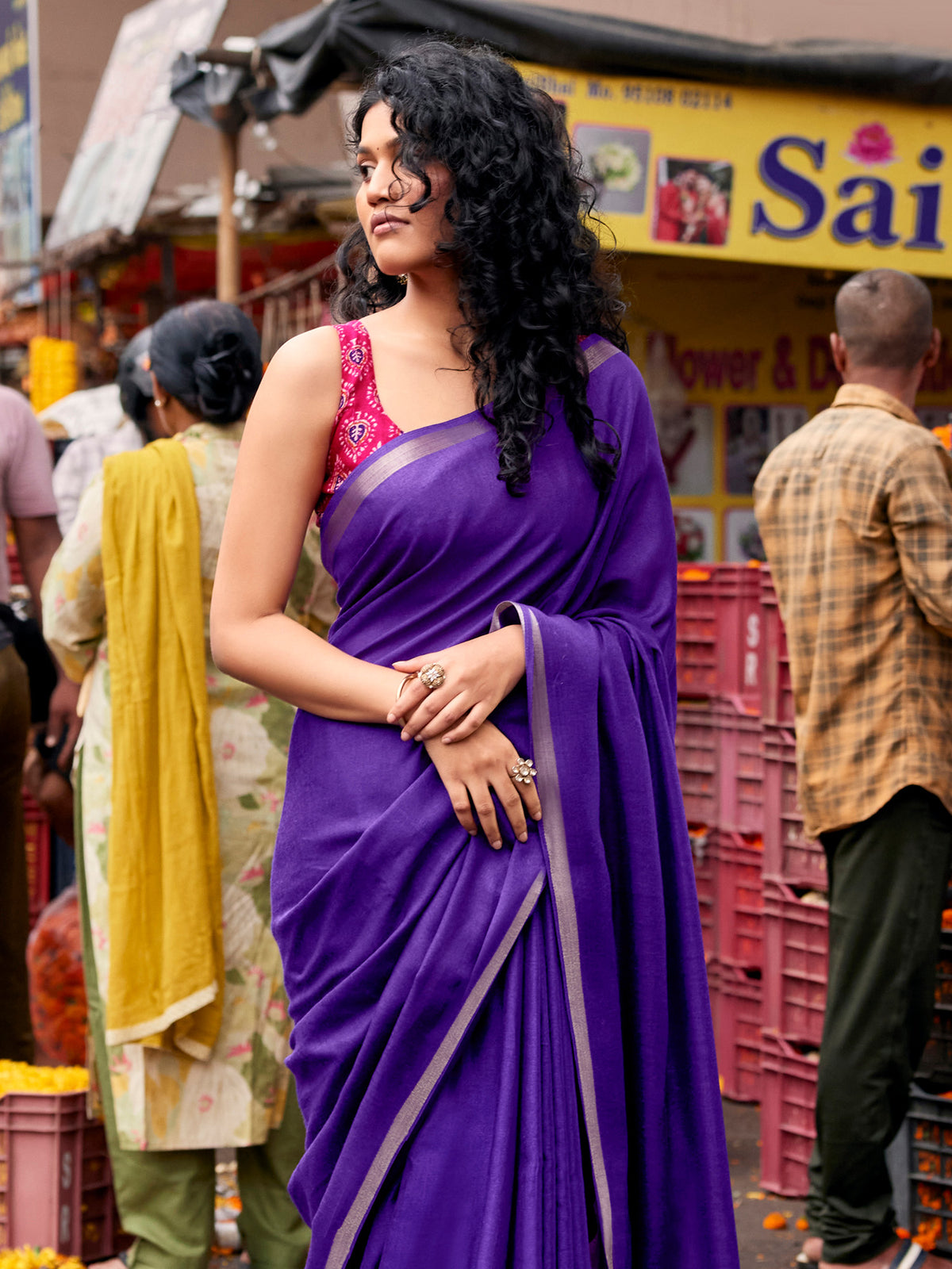 Violet Cotton Blend saree – detail view 4