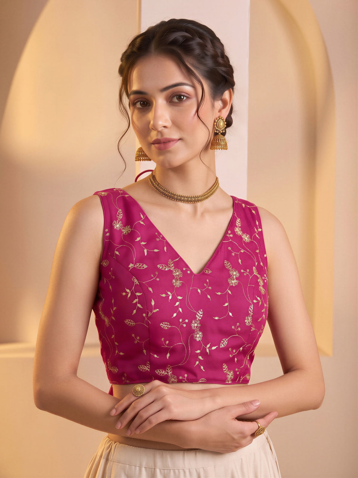 Magenta sequin embroidered vichitra silk sleeveless readymade saree blouse with v neck view 2