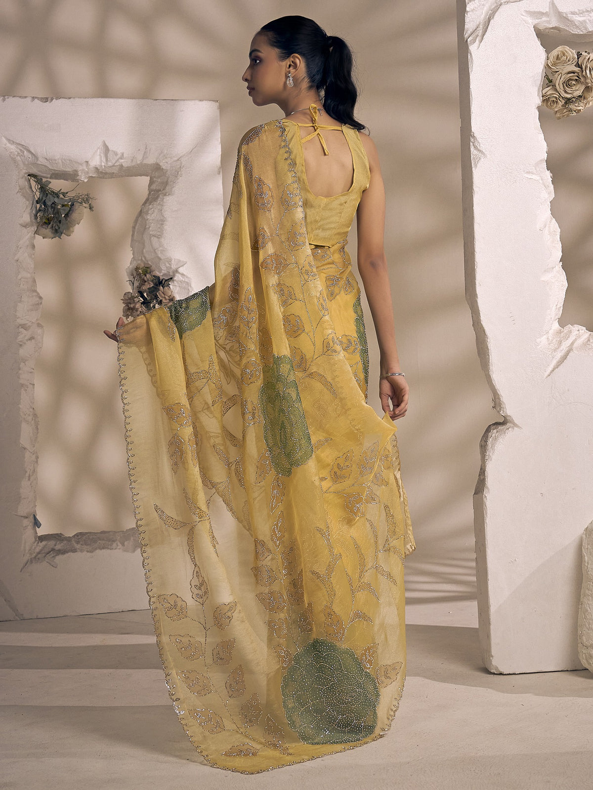 Yellow organza saree view 2