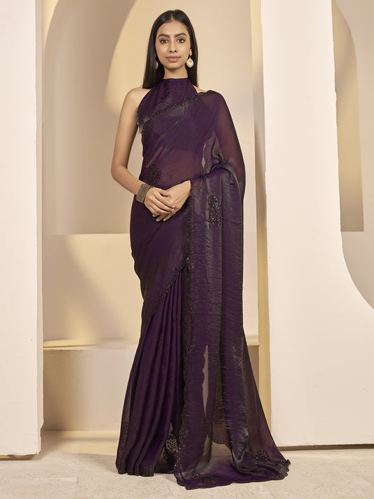 Wine embellished satin silk saree with wine blouse piece