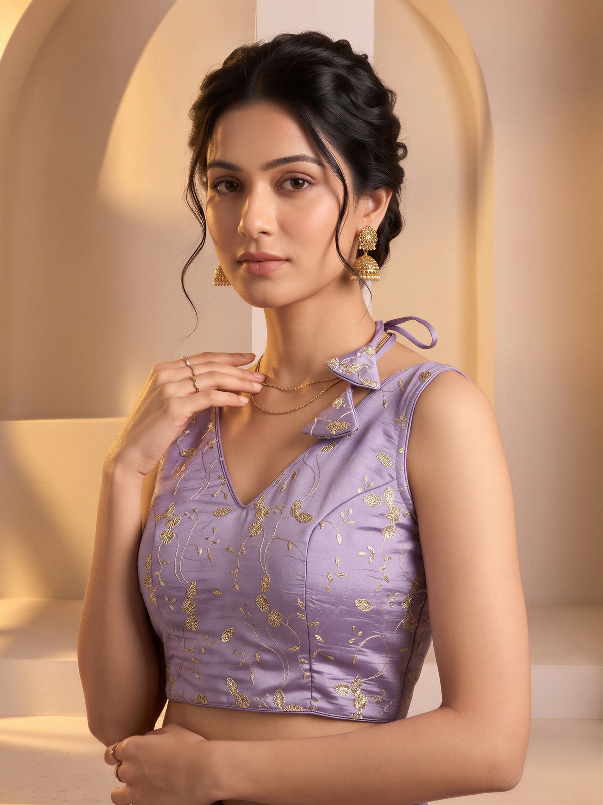 Lavender sequin embroidered vichitra silk sleeveless readymade saree blouse with v neck view 3