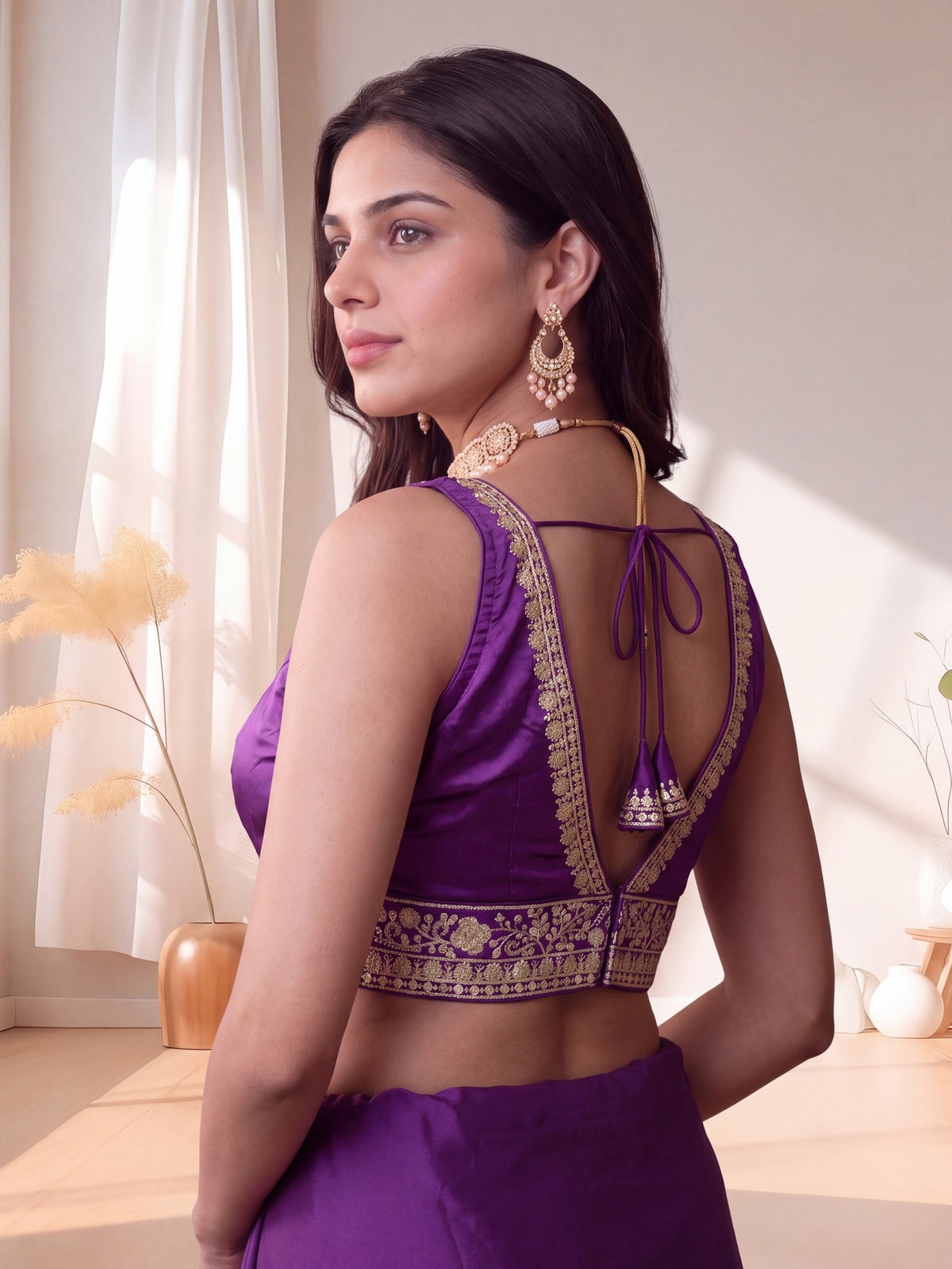Violet sequin embellished silk blend sleeveless readymade saree blouse with deep v neck view 2
