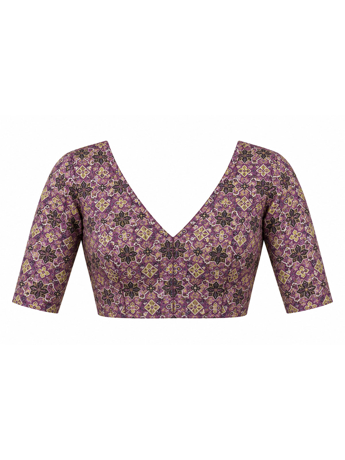 Unstitched purple silk blend blouse piece with ajrak design