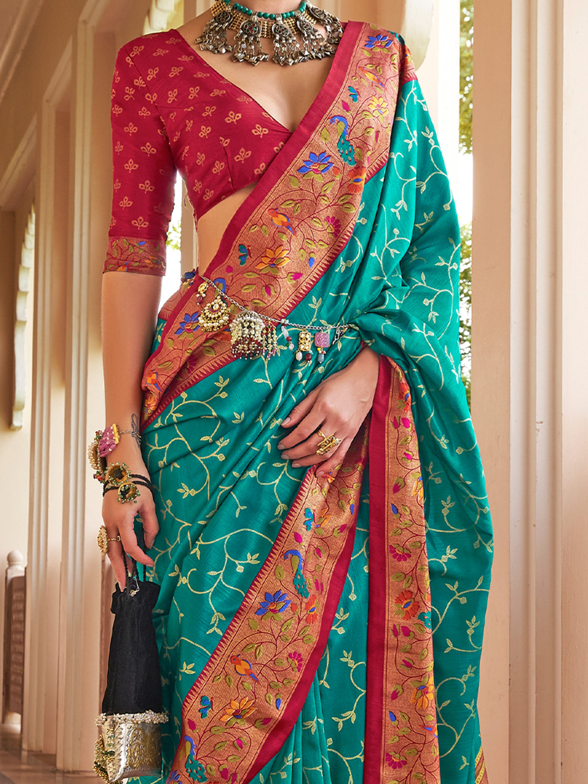 Turquoise Silk Blend saree – detail view 2