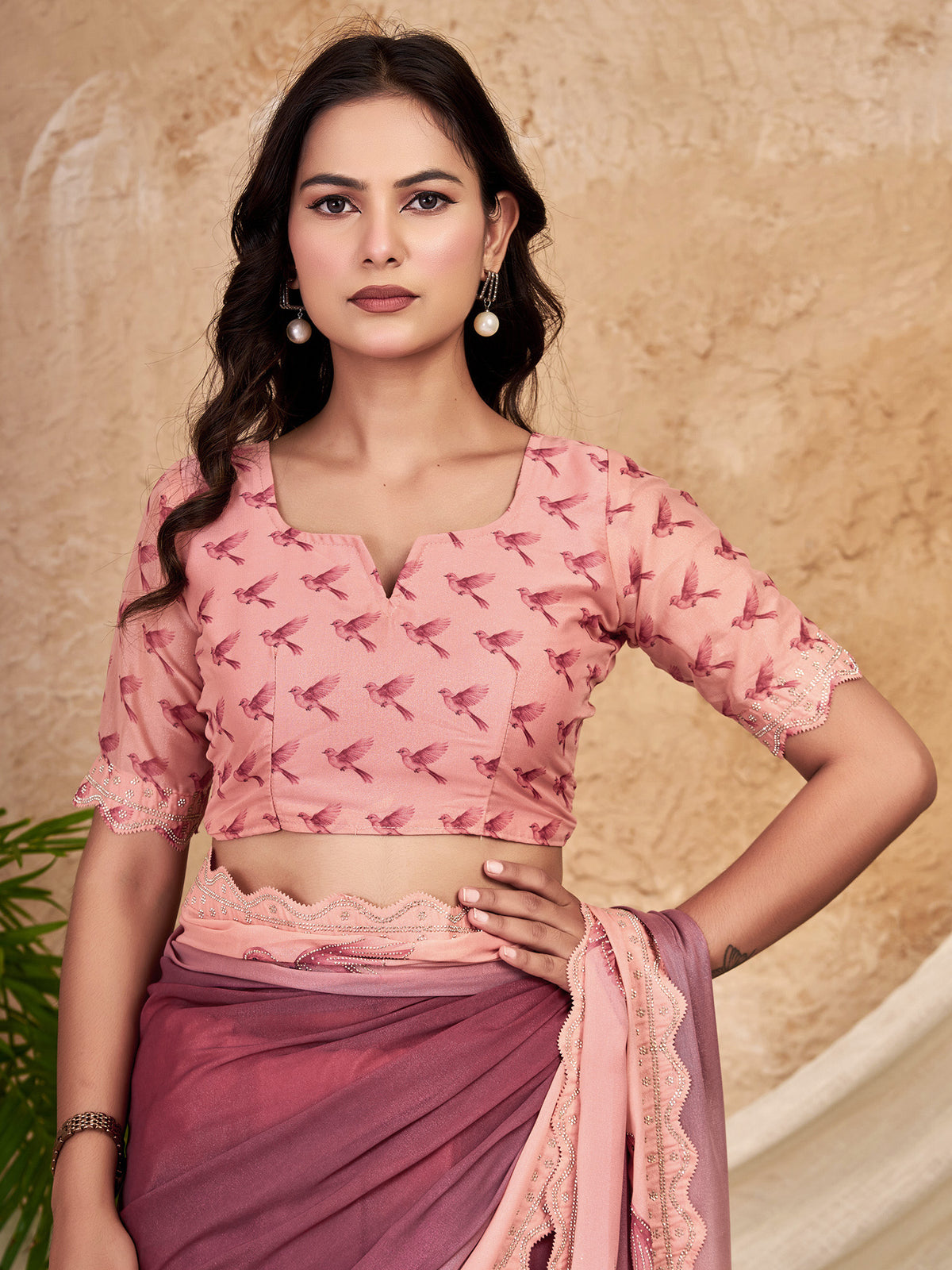 Unstitched peach georgette blouse piece with ethnic motif design