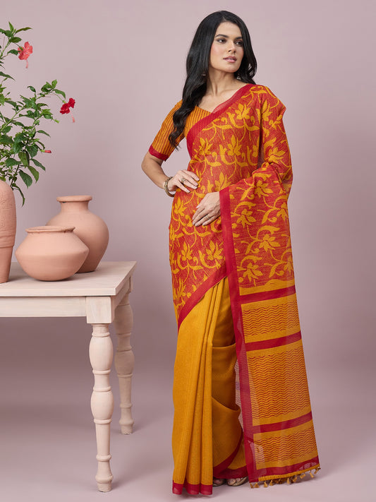 Mustard floral cotton slub saree with red blouse piece
