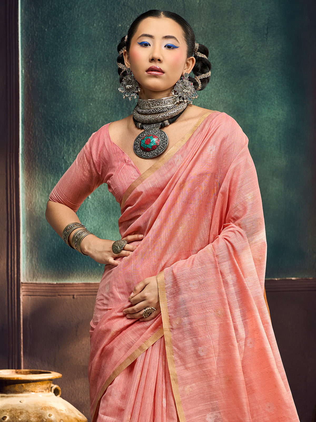 Peach Muga Cotton saree – detail view 4