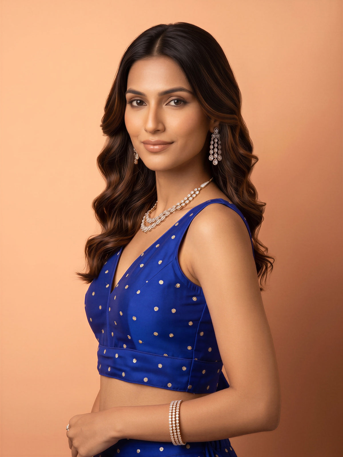 Blue sequin embellished silk blend sleeveless readymade saree blouse with v neck view 2