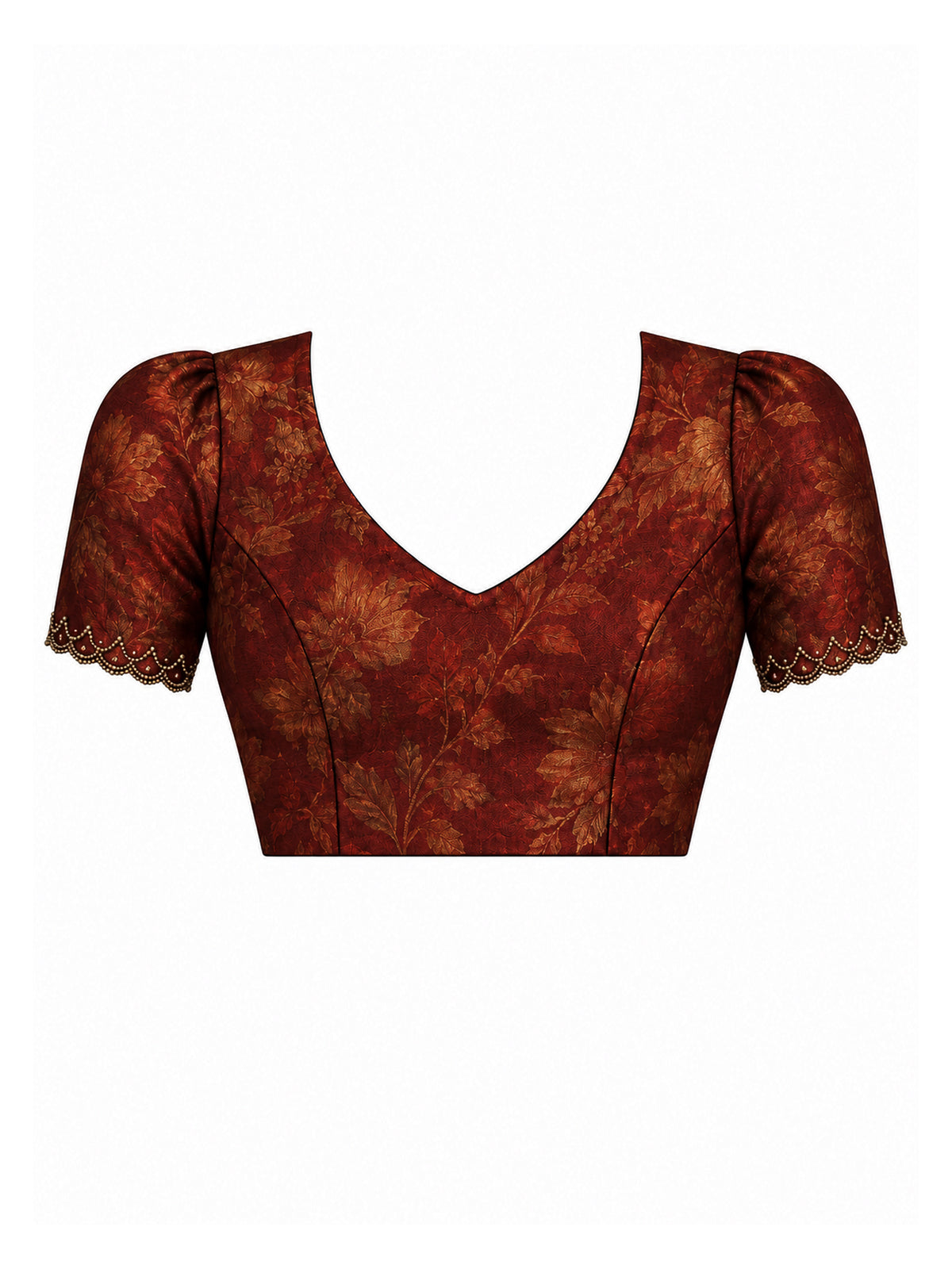 Unstitched brown satin silk blouse piece with floral design