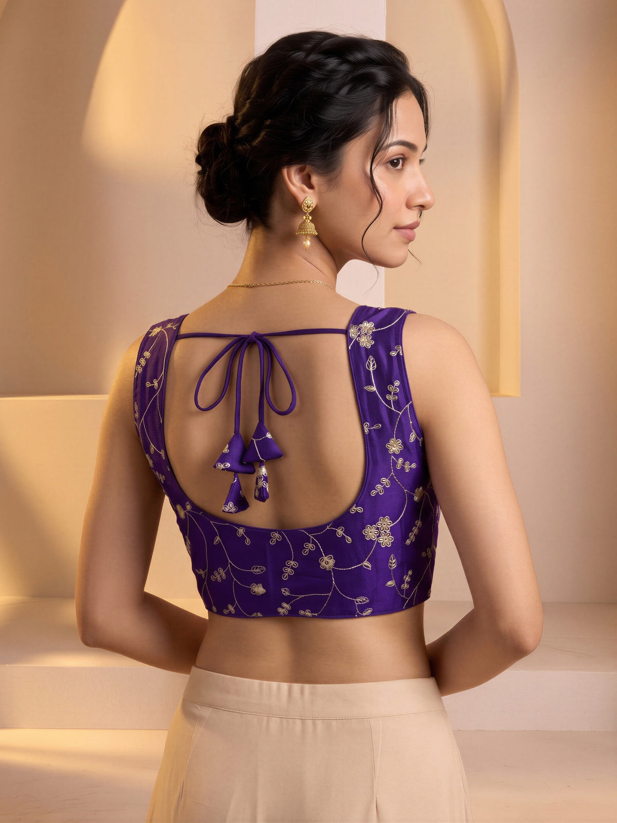 Violet sequin embroidered vichitra silk sleeveless readymade saree blouse with round neck view 1