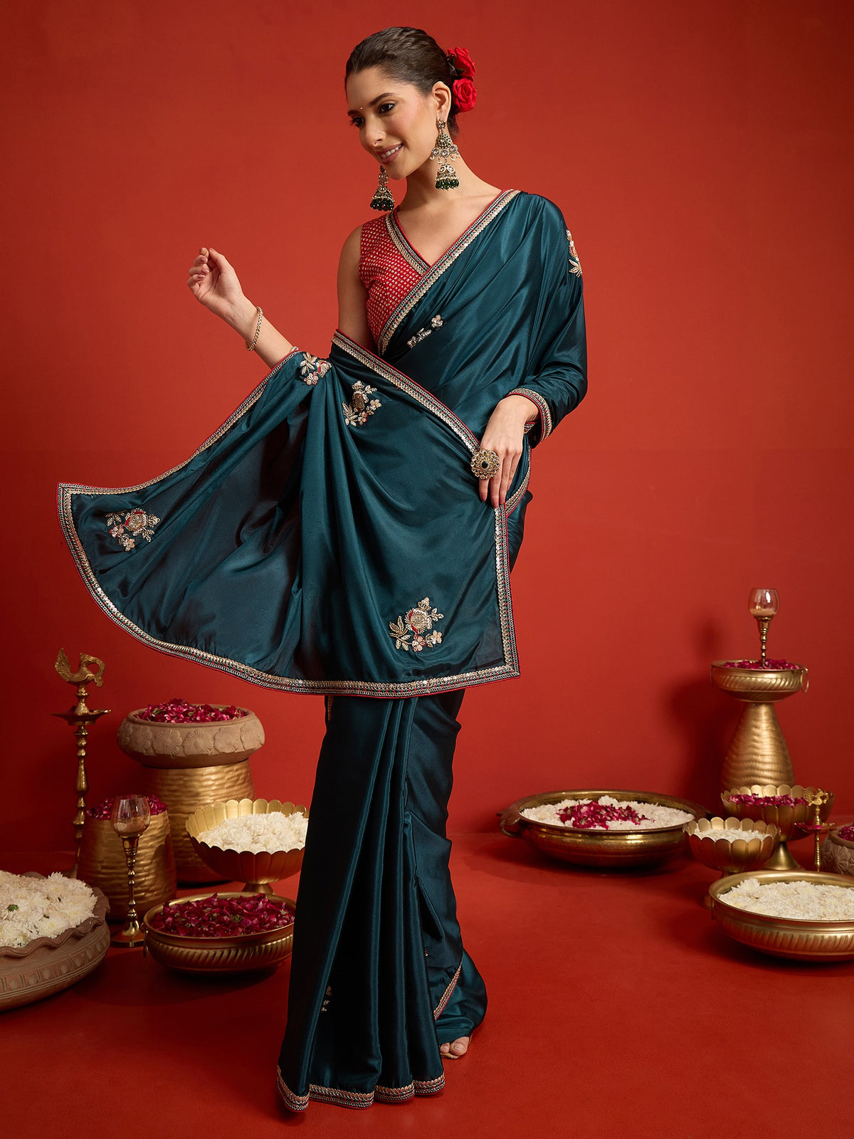 Teal Green satin silk saree view 2
