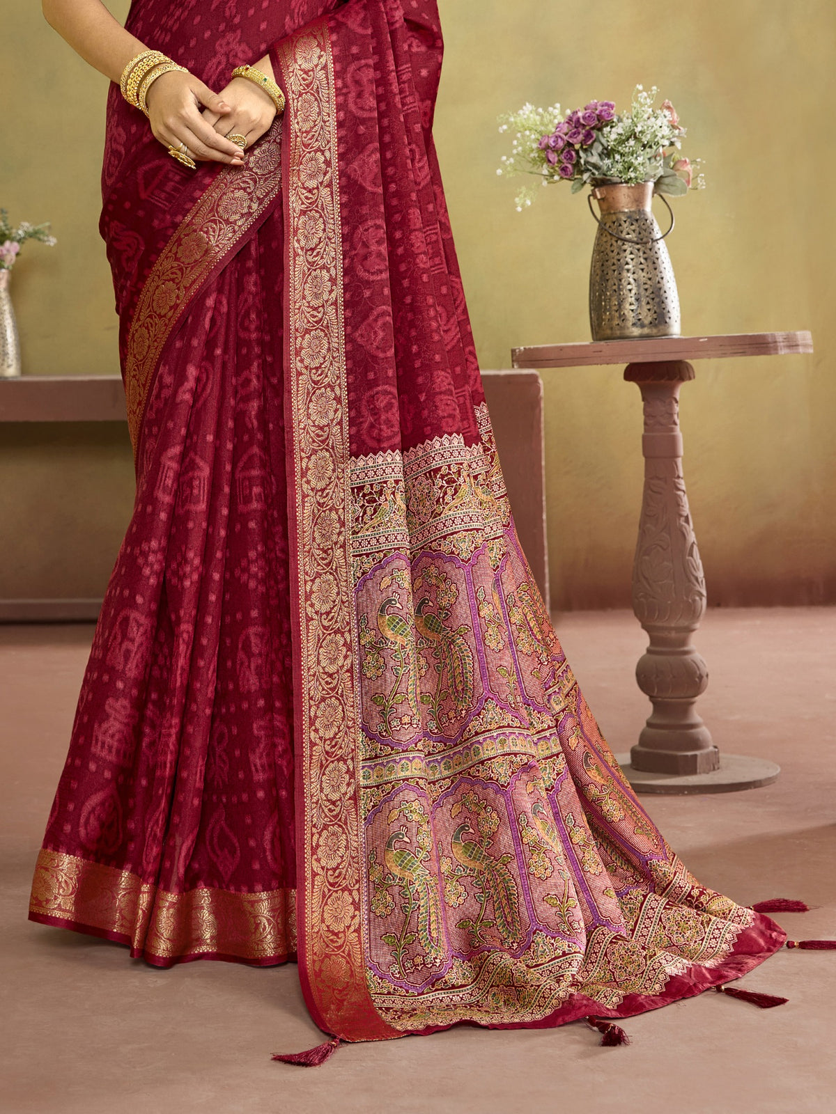 Maroon tussar silk saree view 1