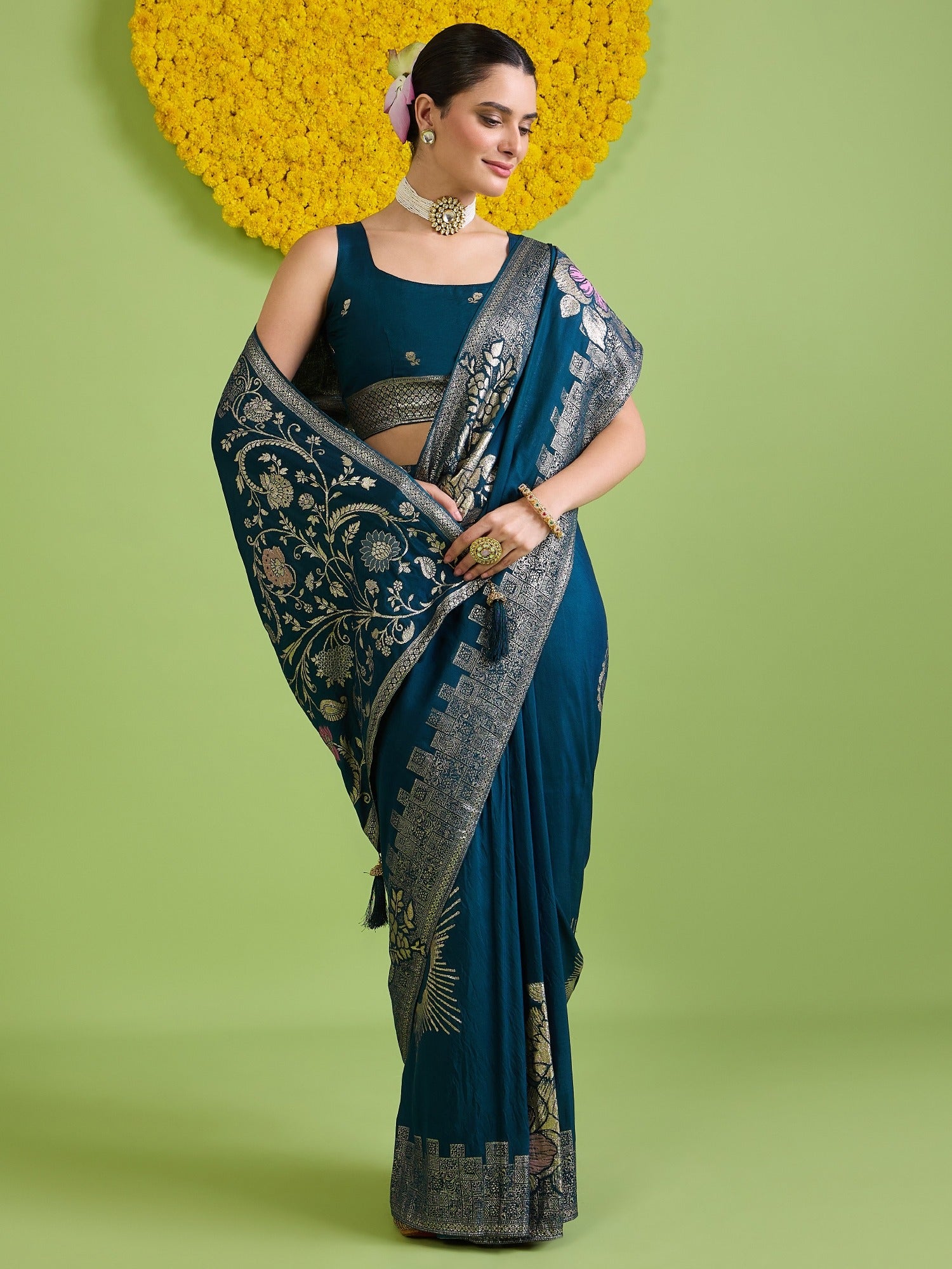 Teal Blue Silk Blend saree – detail view 3