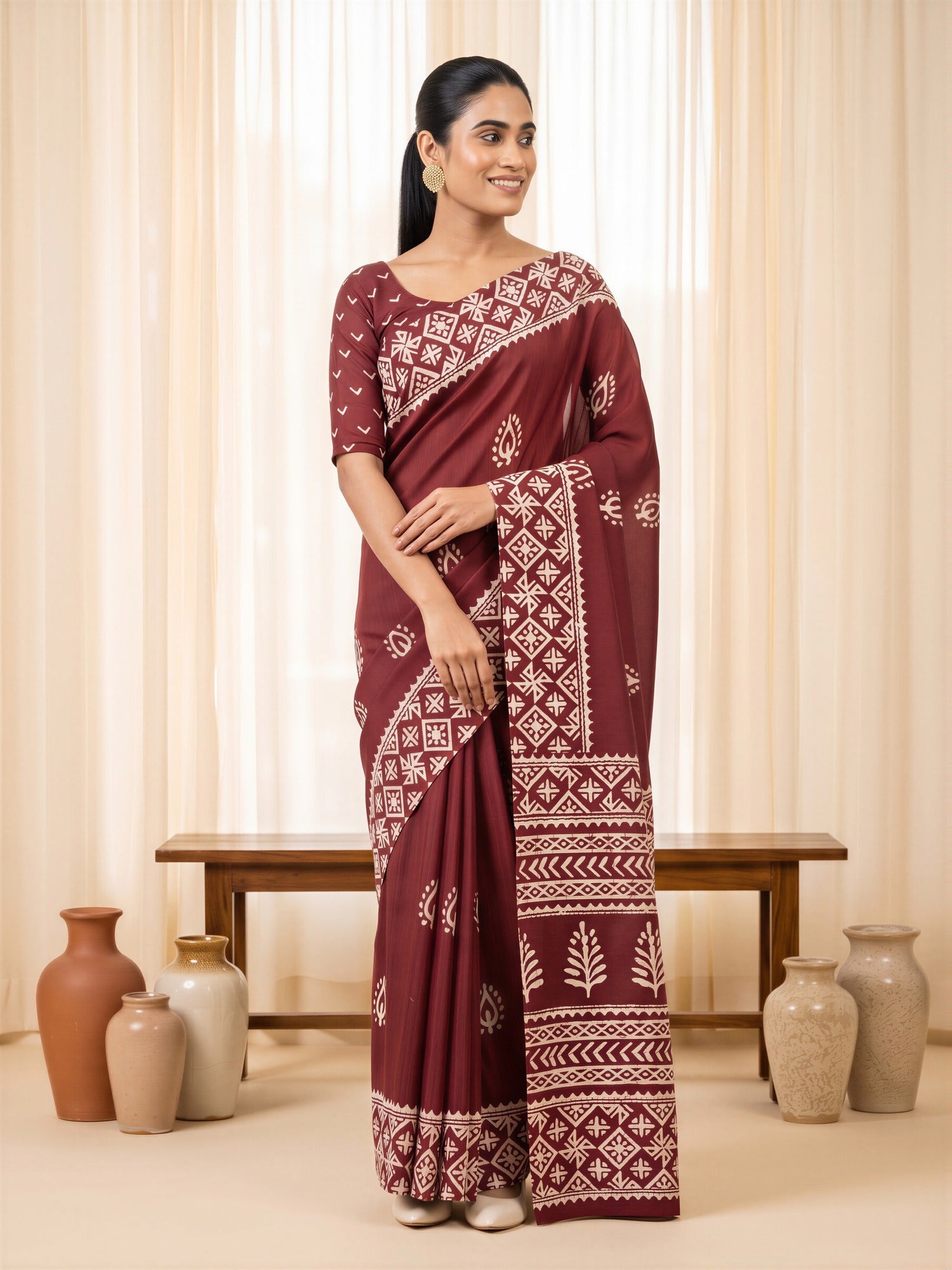 Maroon Cotton Blend saree – detail view 3