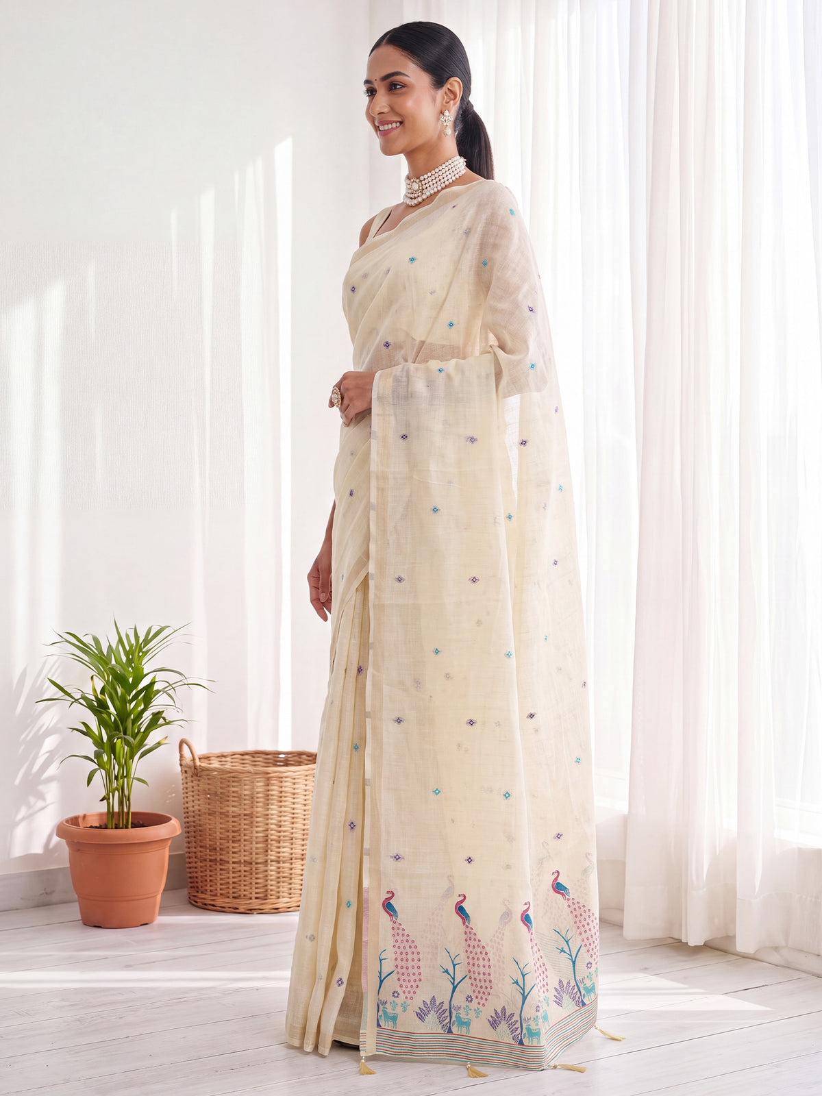 Cream Cotton Linen saree – detail view 2