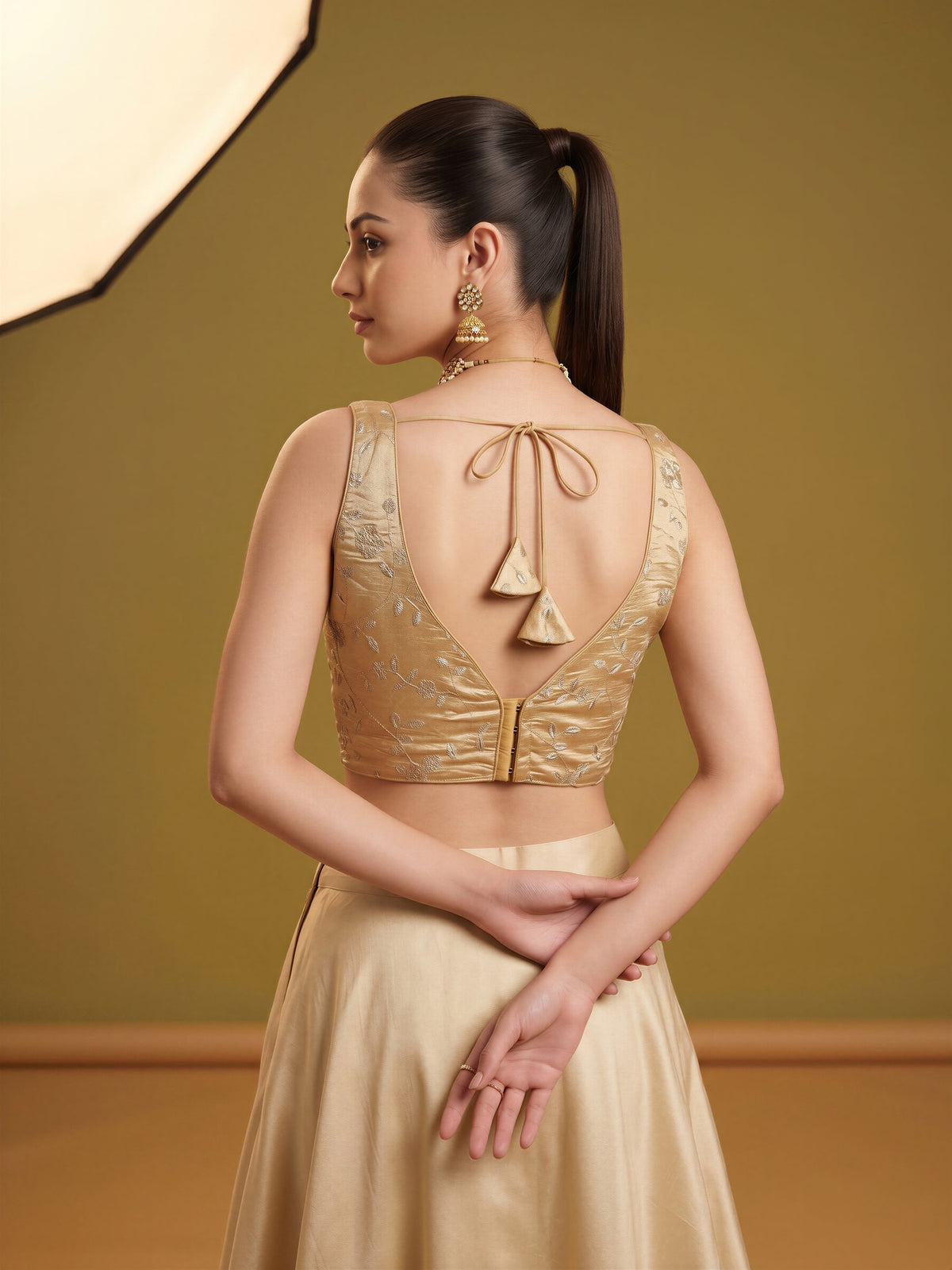 Gold sequin embellished silk blend sleeveless readymade saree blouse with v neck view 1