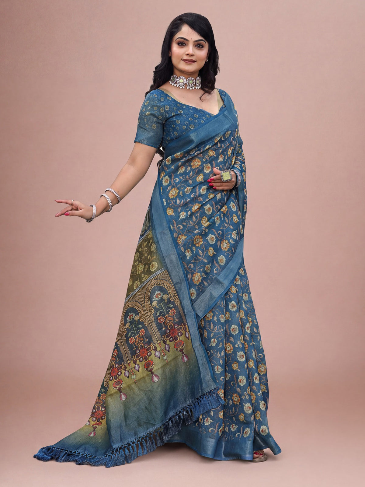 Teal Blue Cotton Silk saree – detail view 2