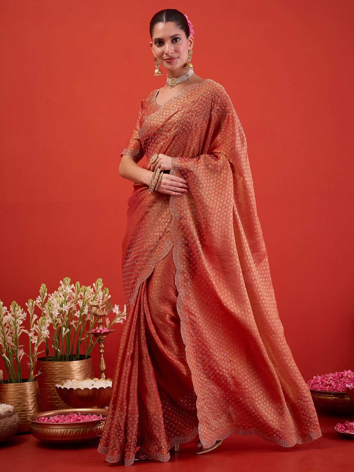 Peach Satin saree – detail view 1