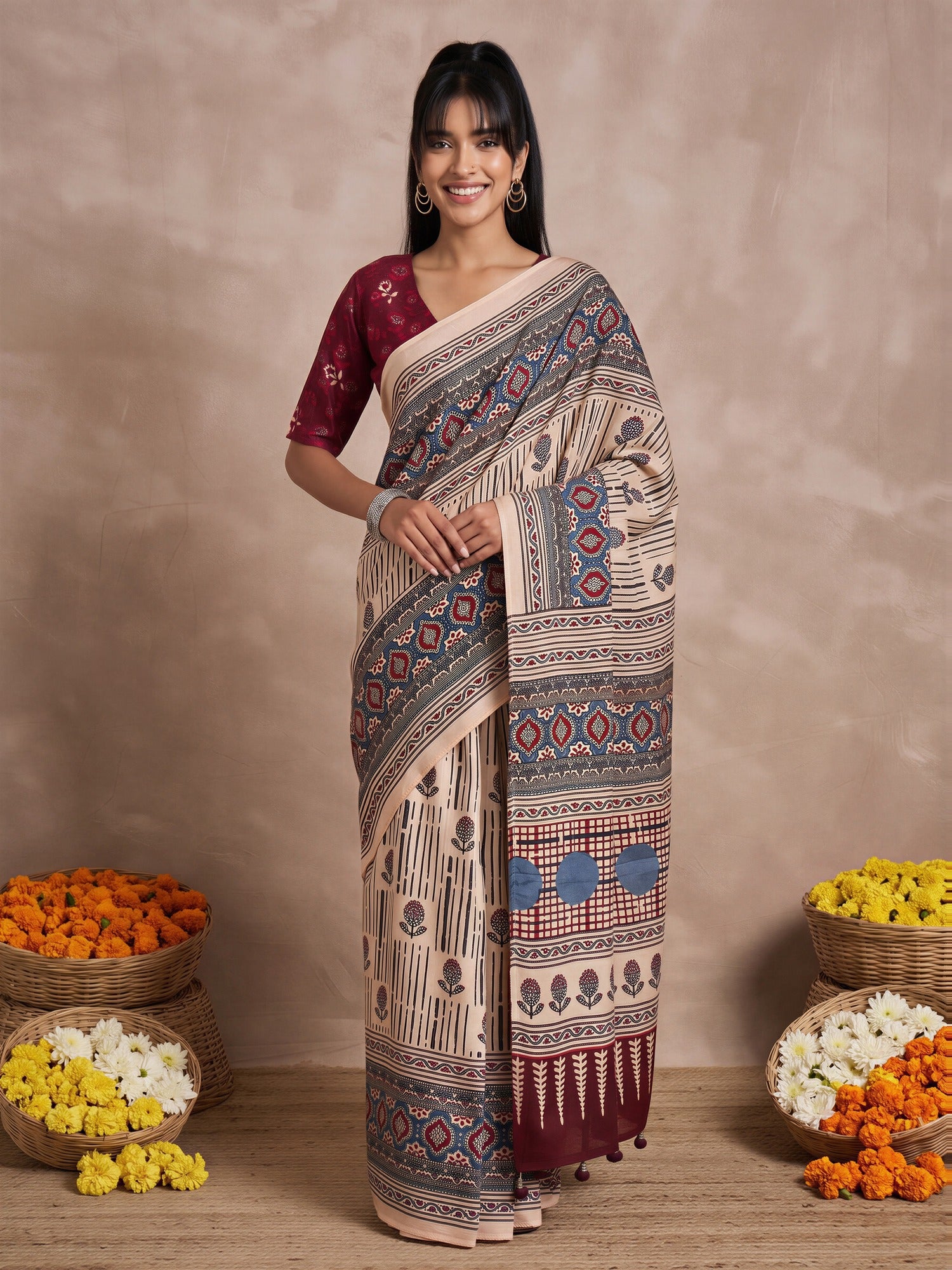 Woman wearing cream viscose silk saree with ajrak block-print motif work and maroon blouse