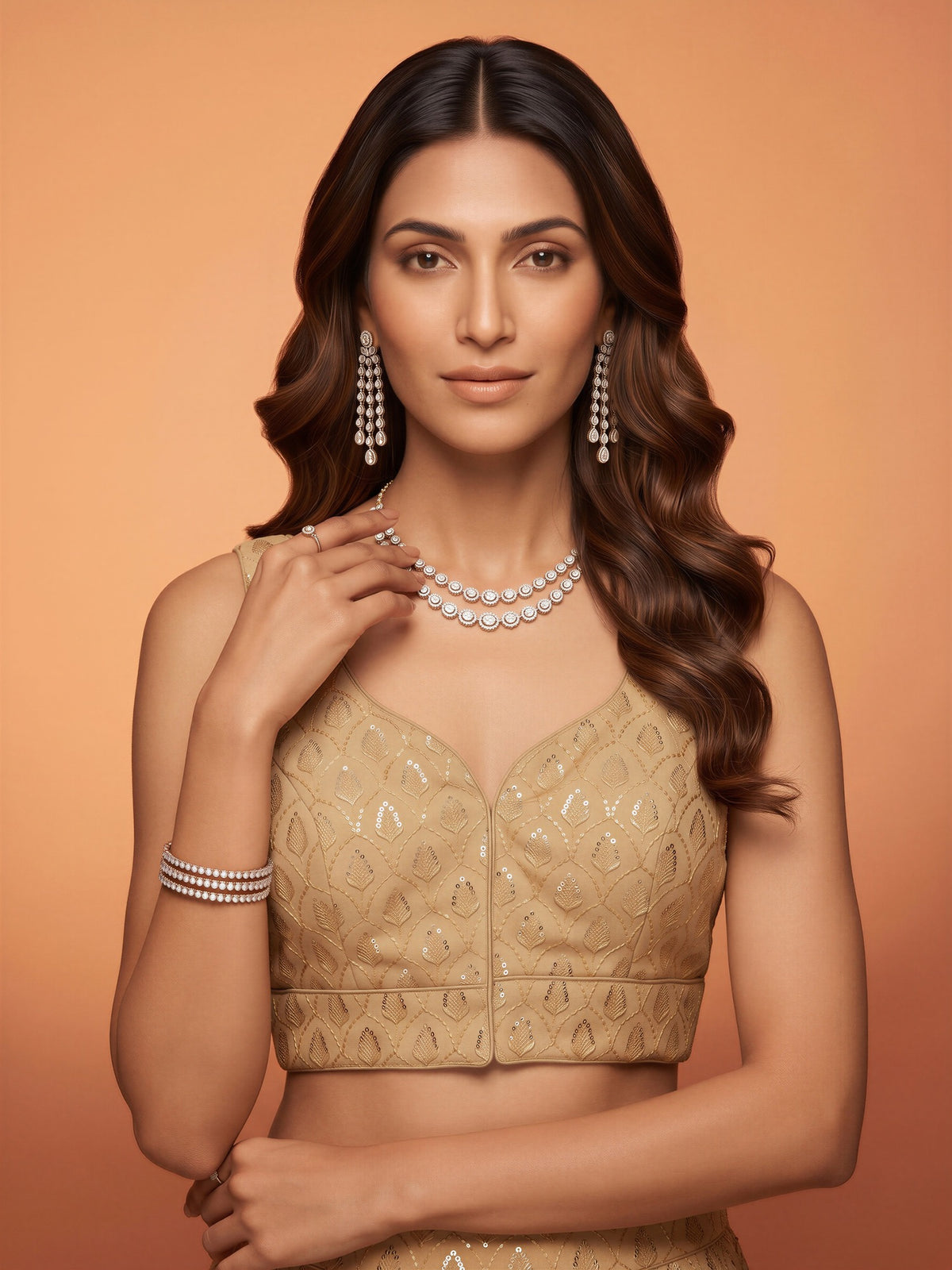 Cream sequin embroidered georgette sleeveless readymade saree blouse with sweetheart neck view 3