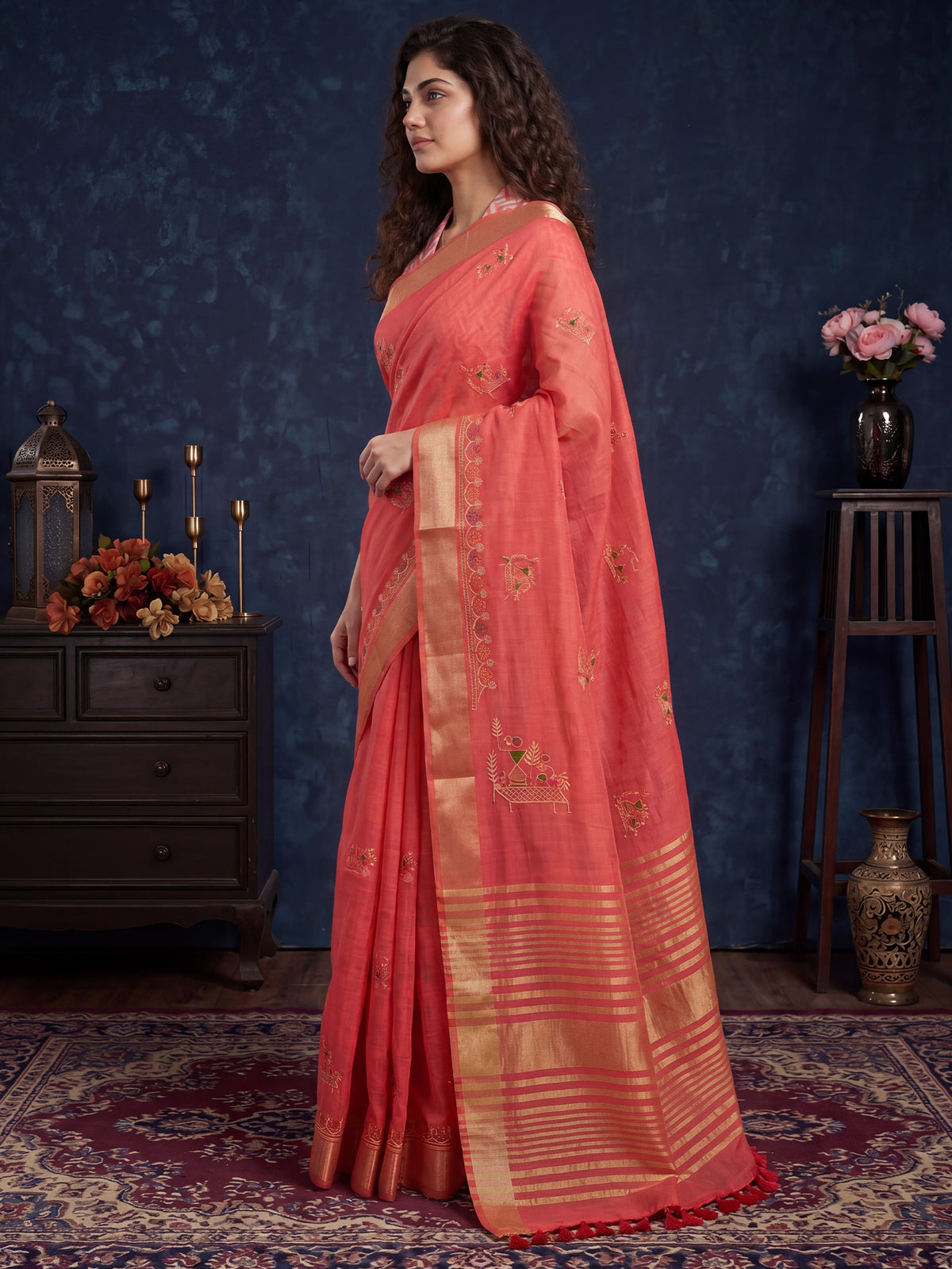 Peach Cotton Linen saree – detail view 2