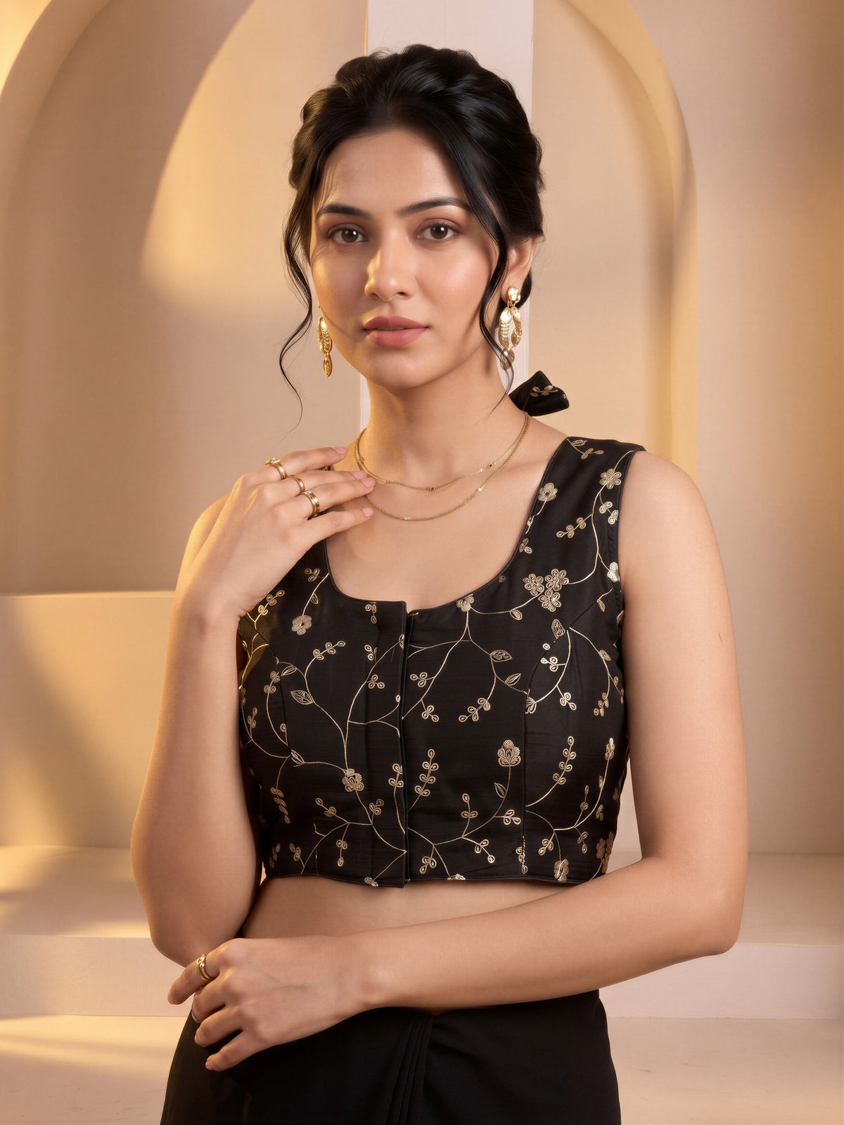 Black sequin embroidered vichitra silk sleeveless readymade saree blouse with round neck view 3