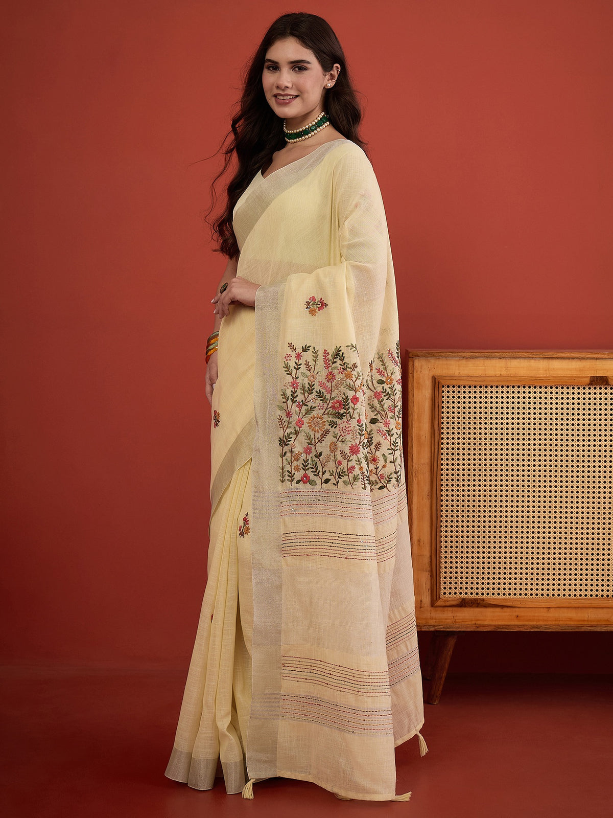 Yellow linen blend saree view 3