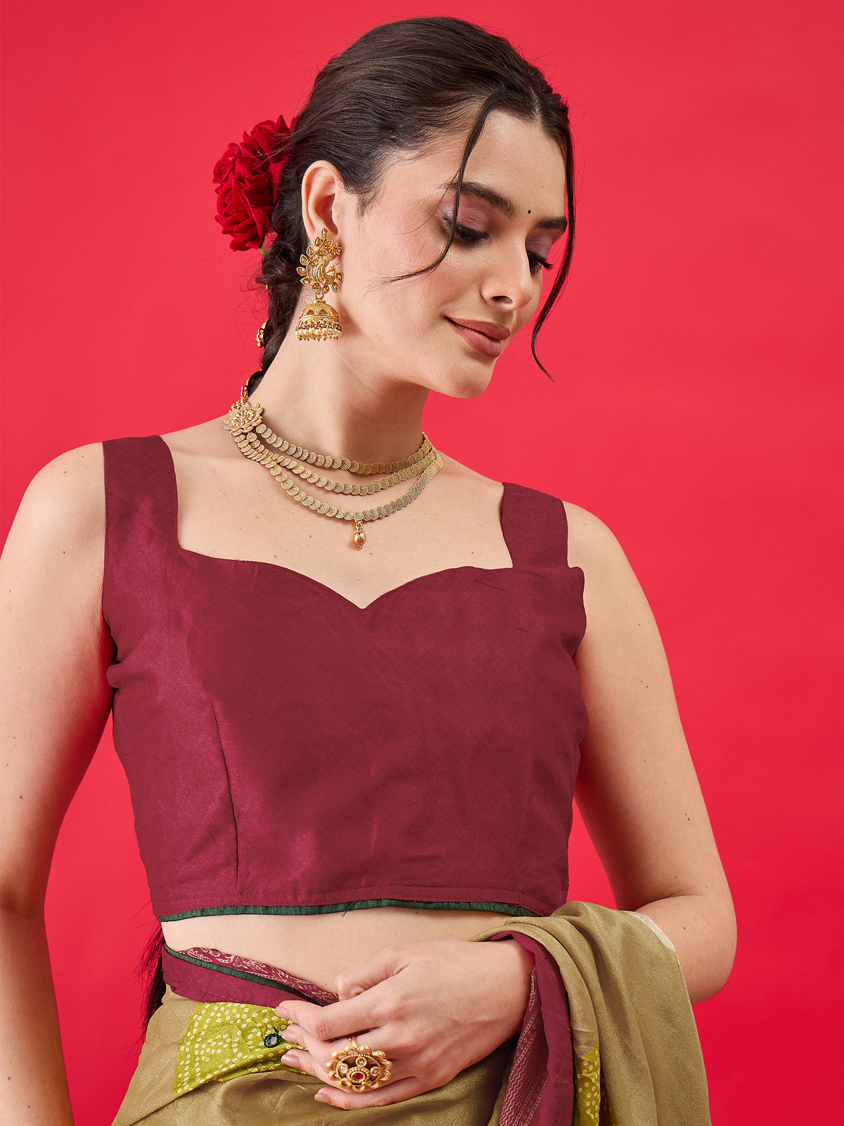 Unstitched maroon georgette blouse piece with solid design