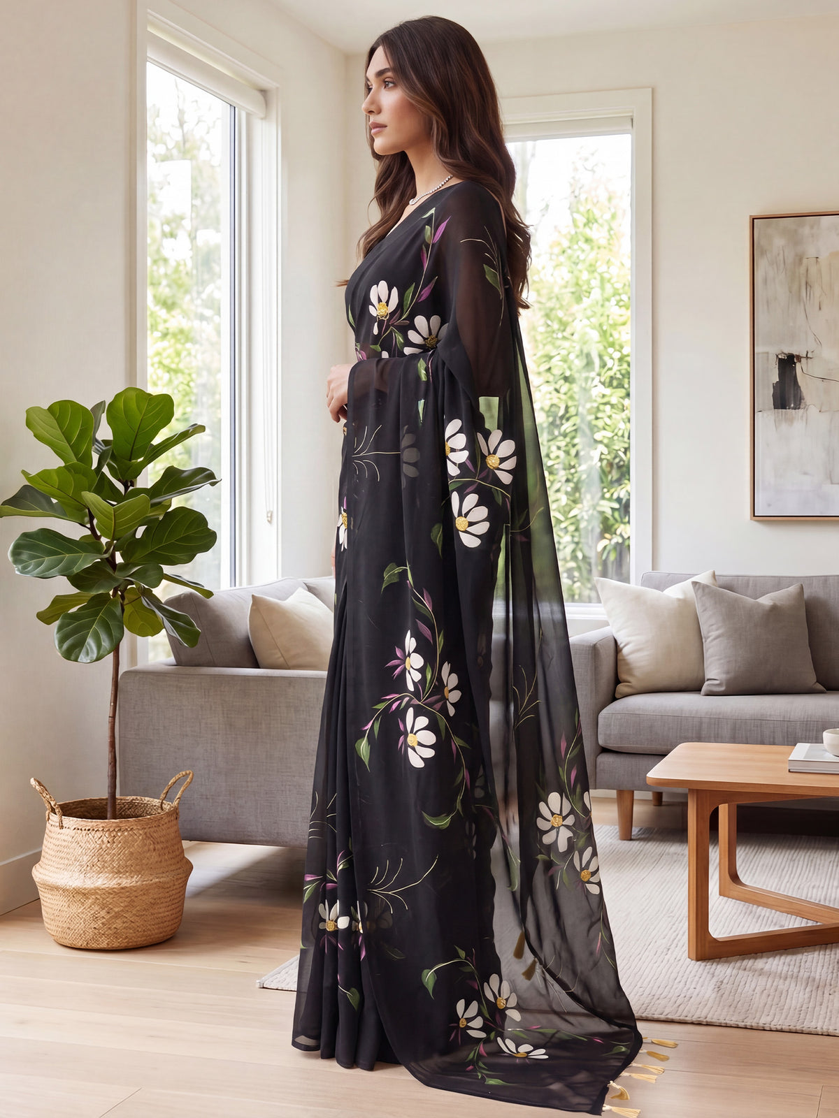 Black Georgette saree – detail view 2